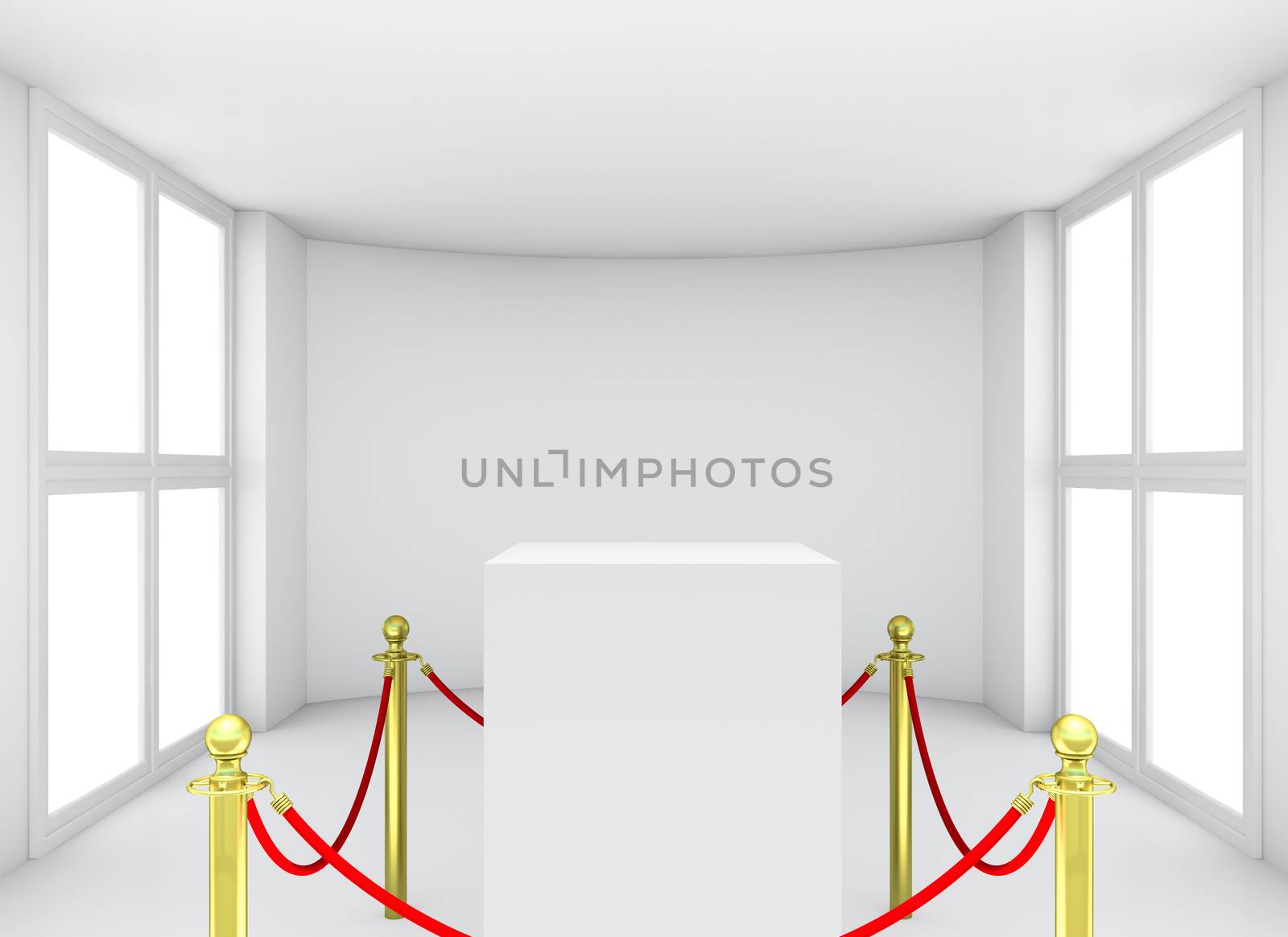Empty showcase with tiled stand barriers for exhibit. Isolated on white background. 3D rendering