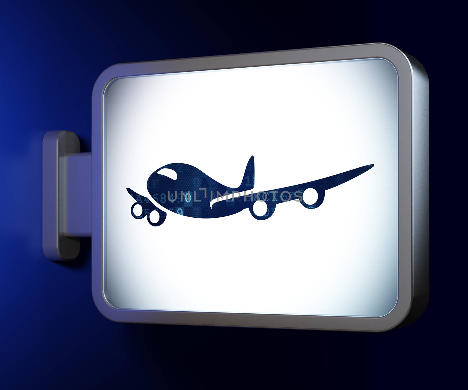 Travel concept: Airplane on advertising billboard background, 3D rendering