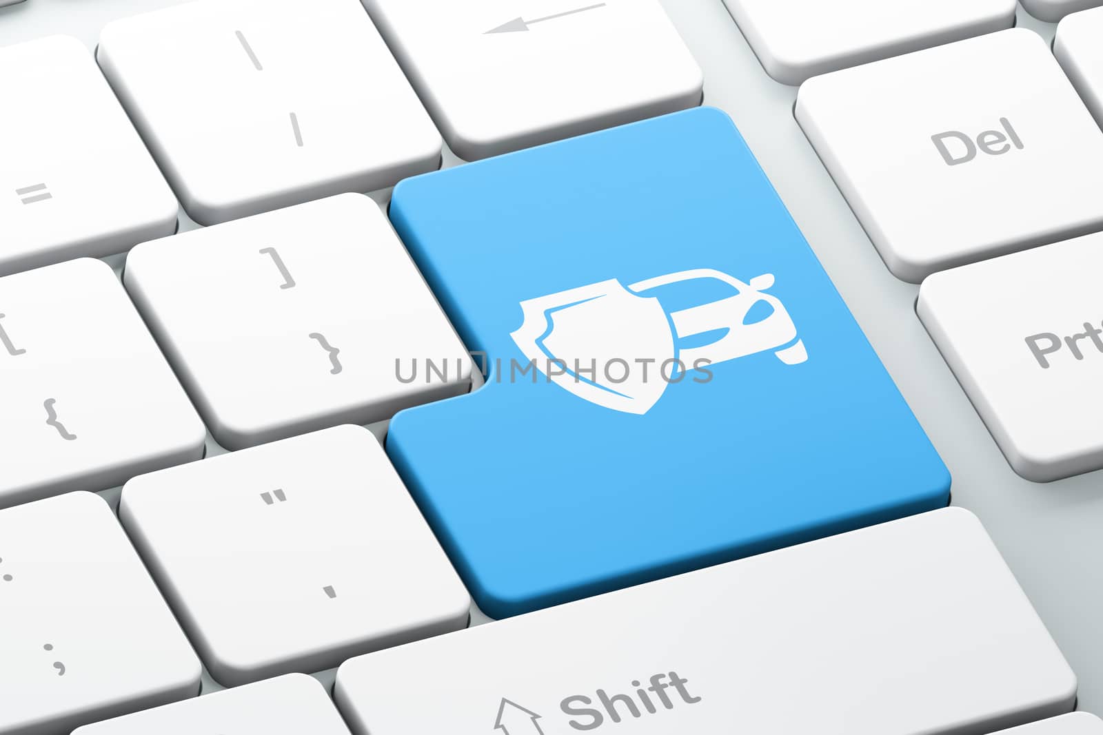 Insurance concept: Enter button with Car And Shield on computer keyboard background, 3D rendering