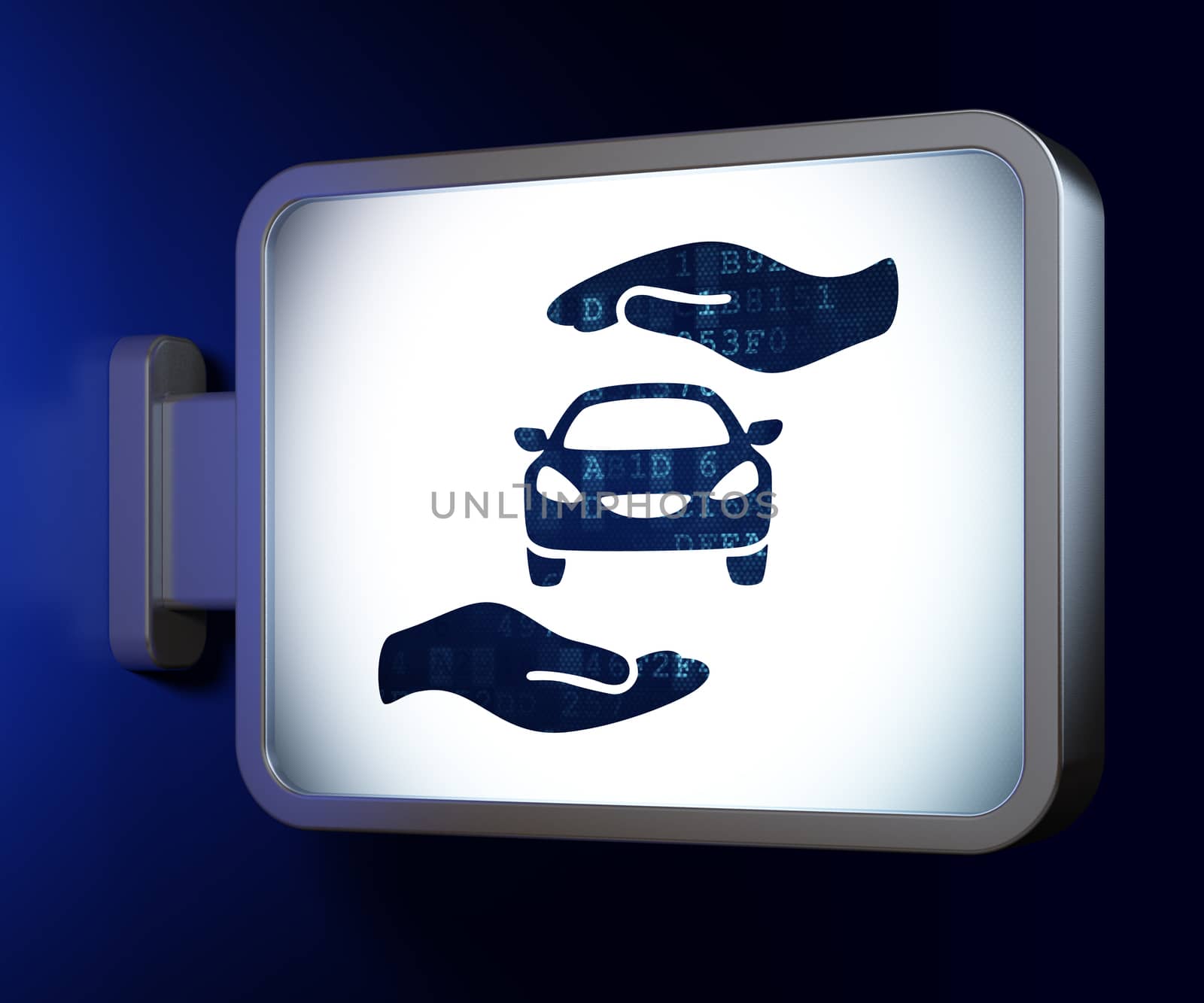 Insurance concept: Car And Palm on advertising billboard background, 3D rendering
