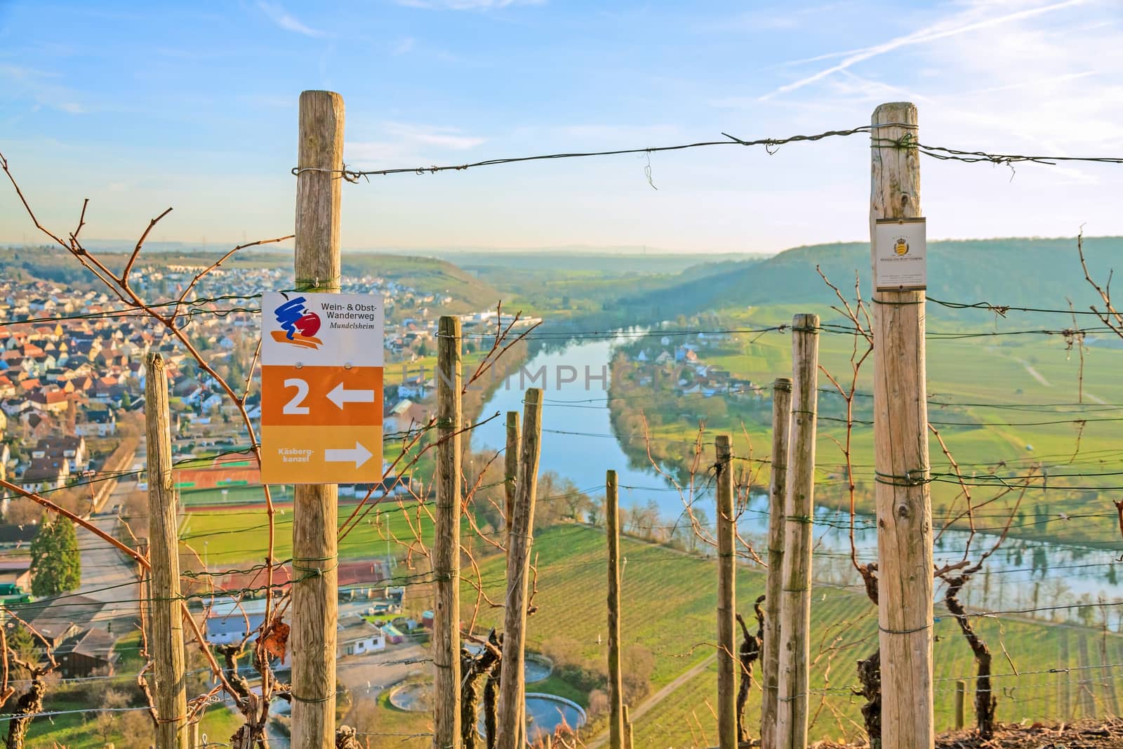 Hessigheim, Germany - December 27, 2015: Wine and fruit hiking trail (Wein- & Obstwanderweg Mundeslheim) sign in the vineyards near Hessigheim