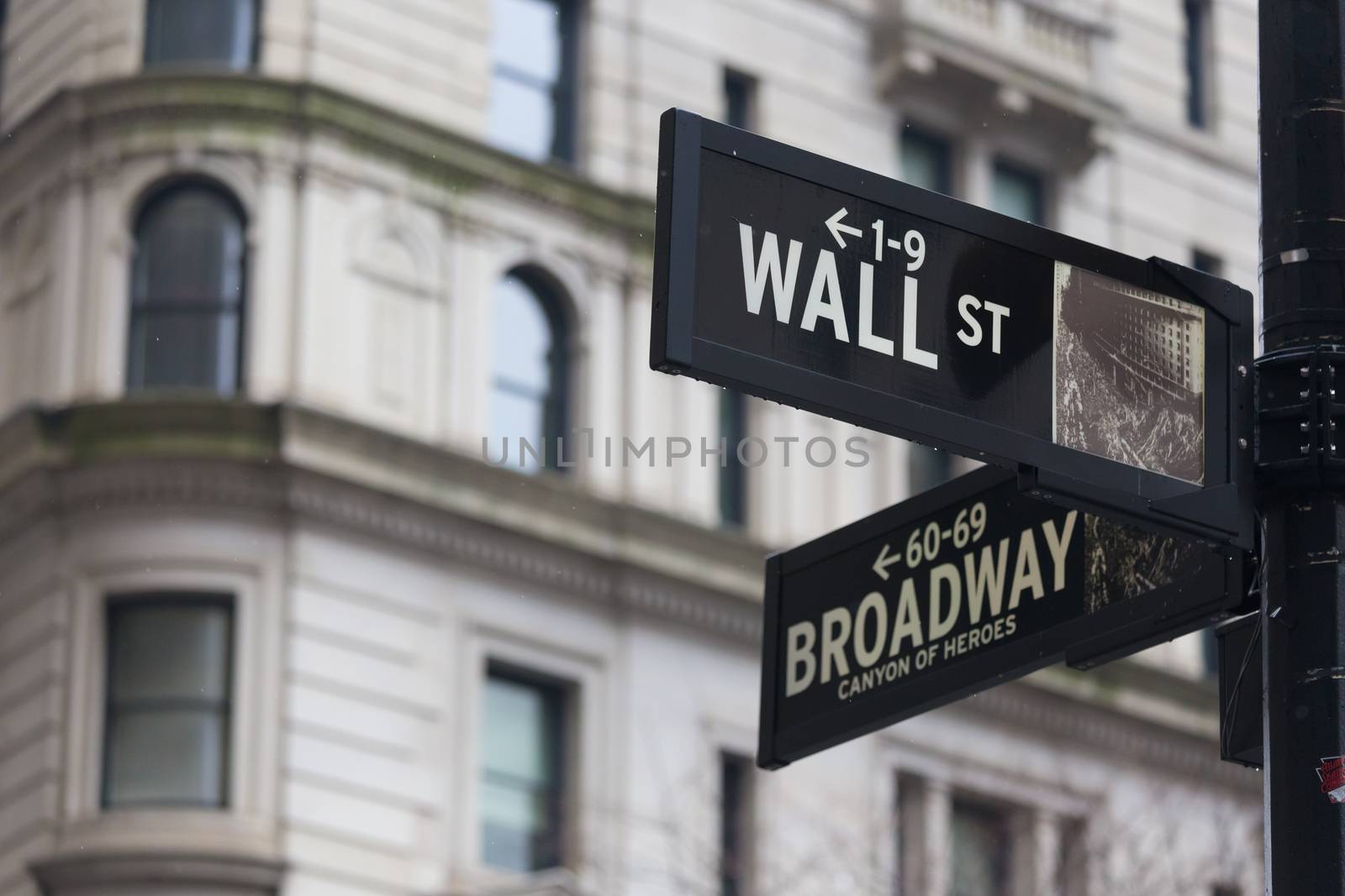 Wall street sign in New York with American flags and New York Stock Exchange background.