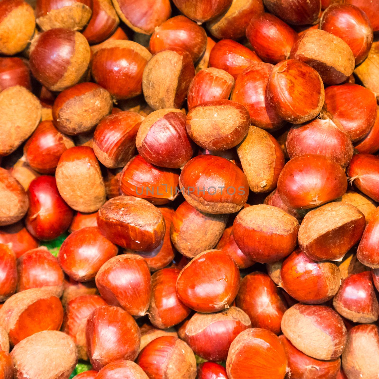 Pile of chestnuts. Autumn background.