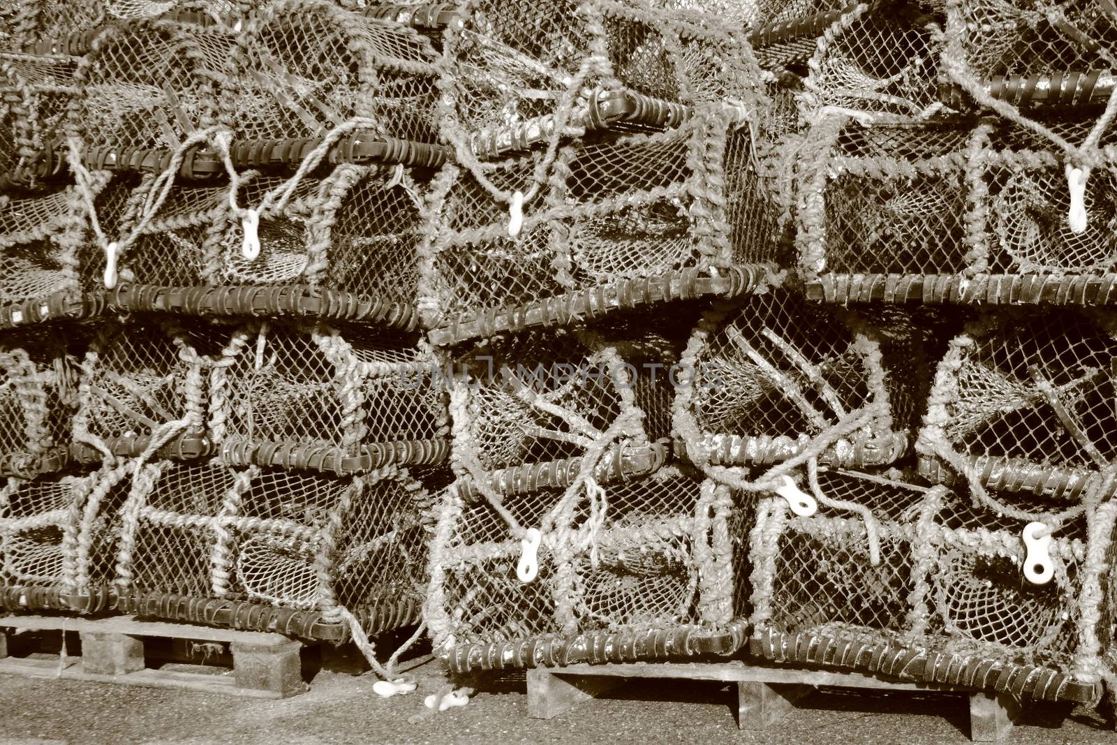Pile of worn fishing traps for eels