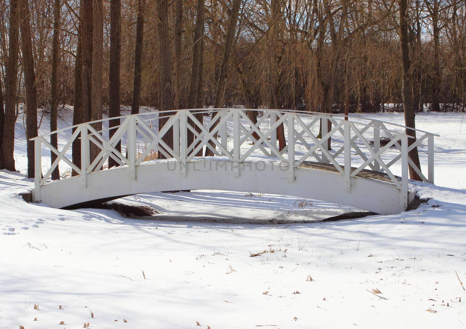 Wooden white bridge over snowy frozen water