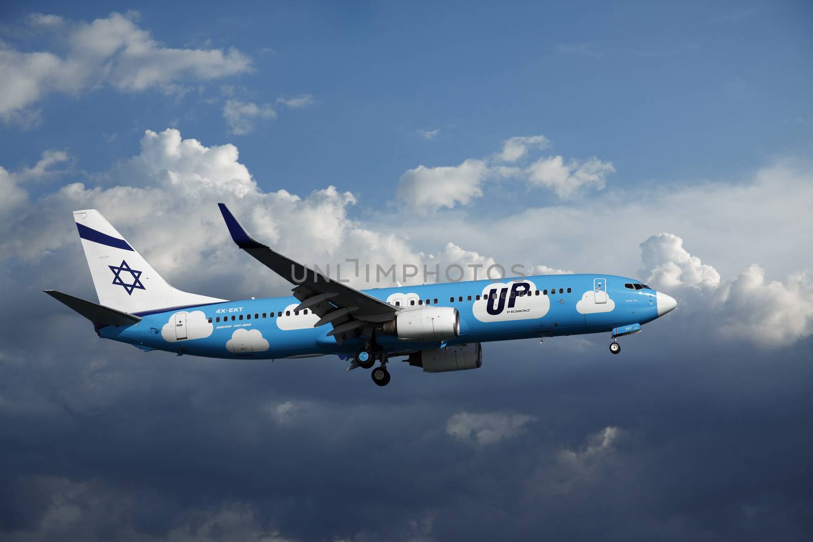 Larnaca, Cyprus - May 22, 2016: Boeing 737-800 airline UP - Unit cost for transportation El Al Israel Airlines flights from Tel Aviv to European cities in the skies over the island of Cyprus, at the airport in Larnaca, Cyprus