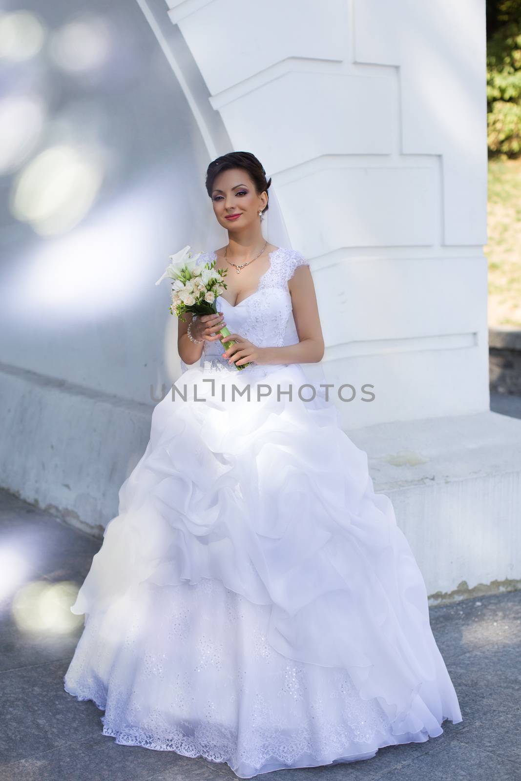Brunette bride in a white dress expensive