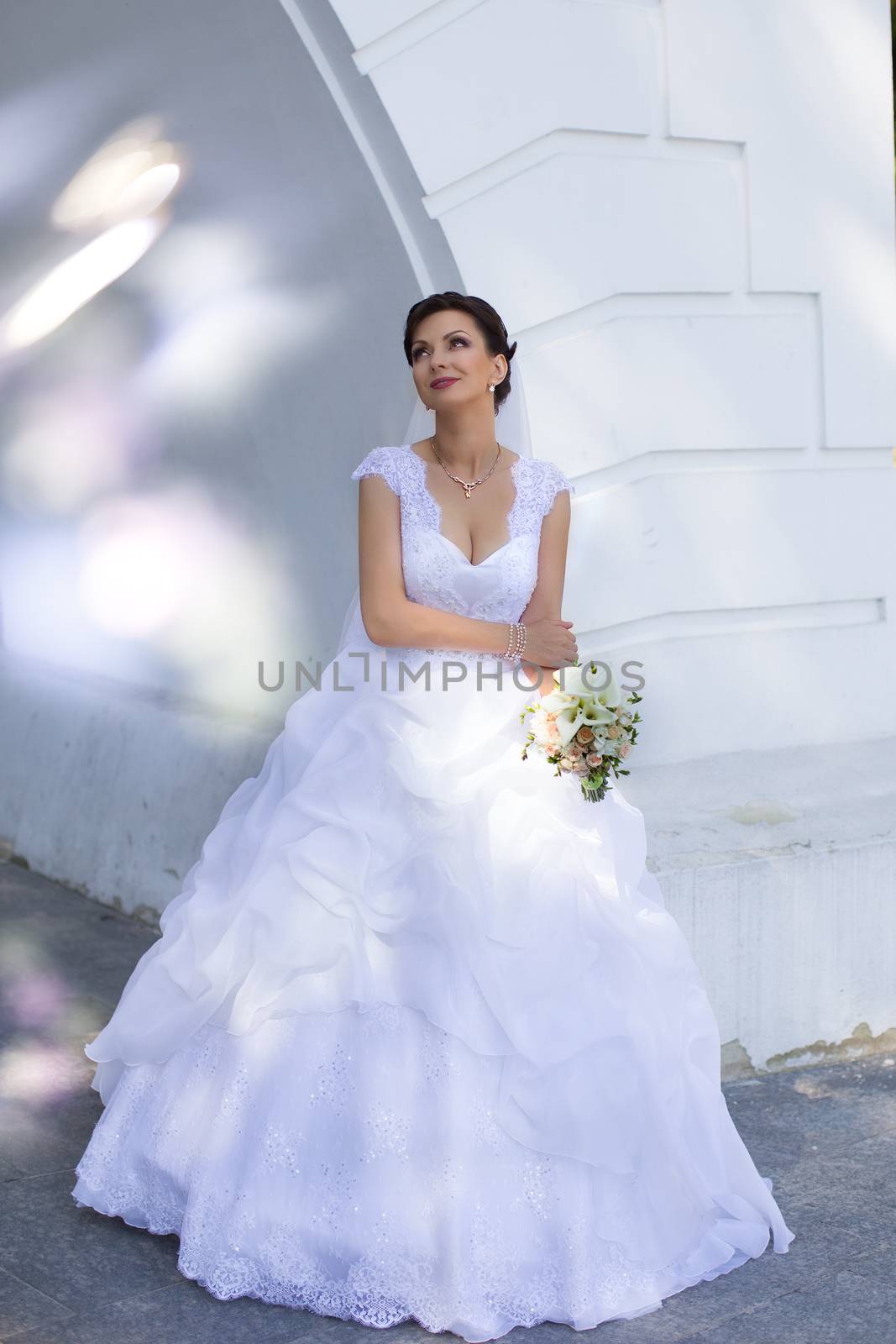 Brunette bride in a white dress expensive