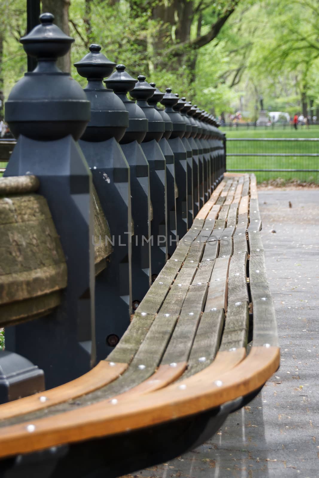 The balusters of a row of park benches