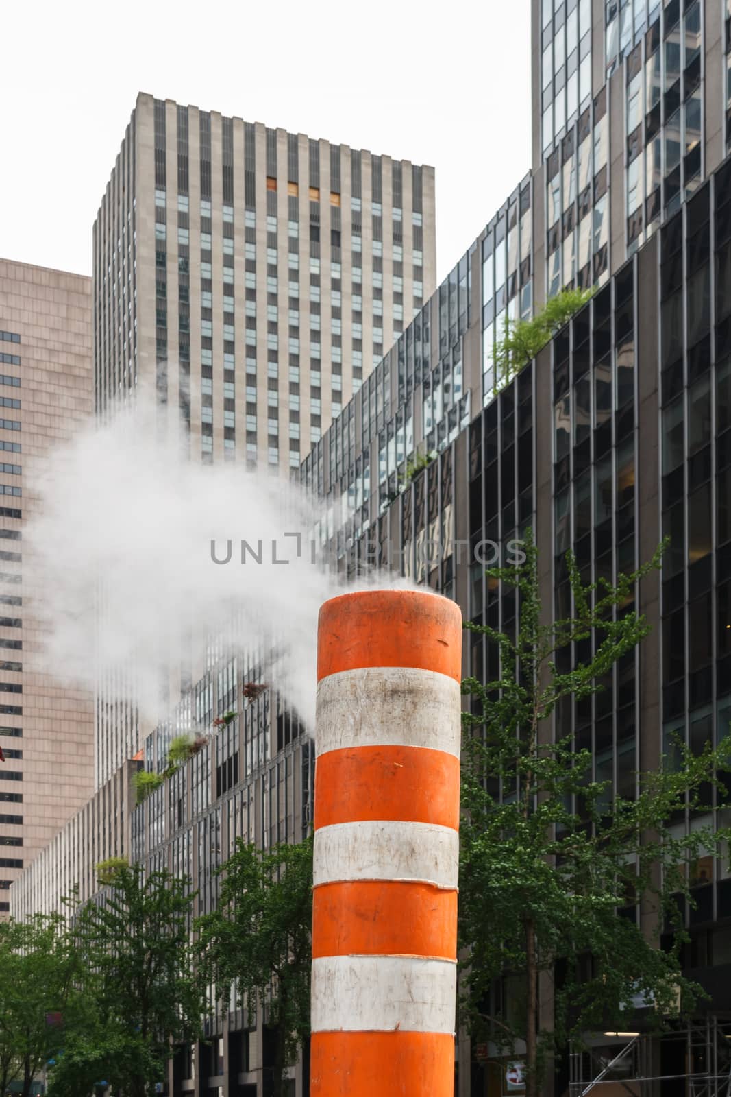 Steam rising out of a subway vent in a street of New York City