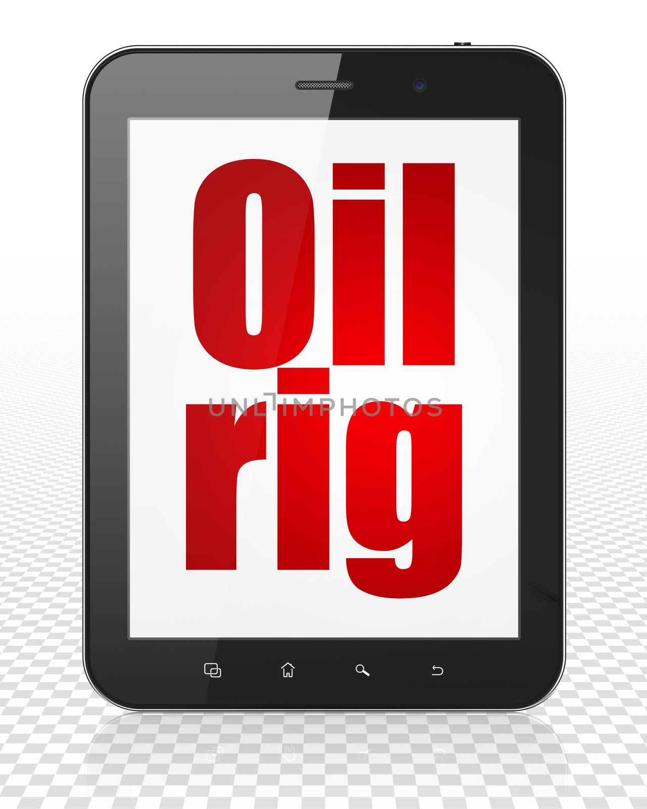 Manufacuring concept: Tablet Pc Computer with red text Oil Rig on display, 3D rendering