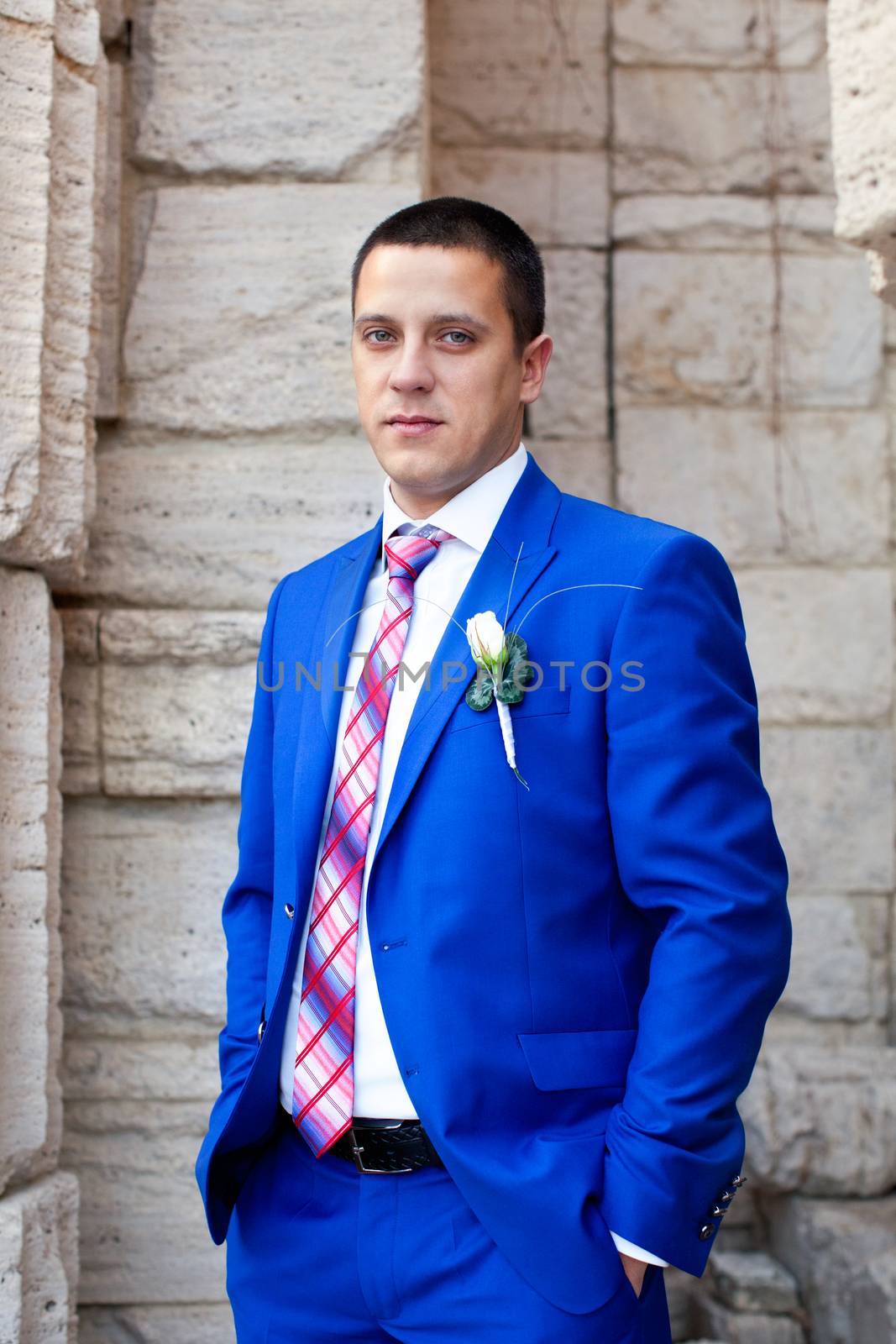 Elegant luxury wedding blue suit with bowtie on hanger tree closeup