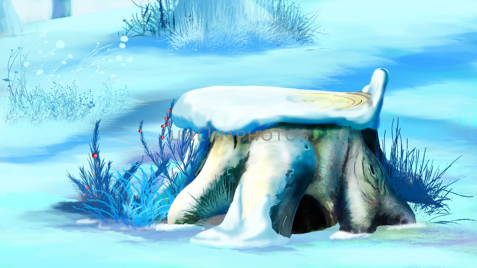 Digital Painting, Illustration of Big Tree Stump in Winter Snow in Realistic Cartoon Style