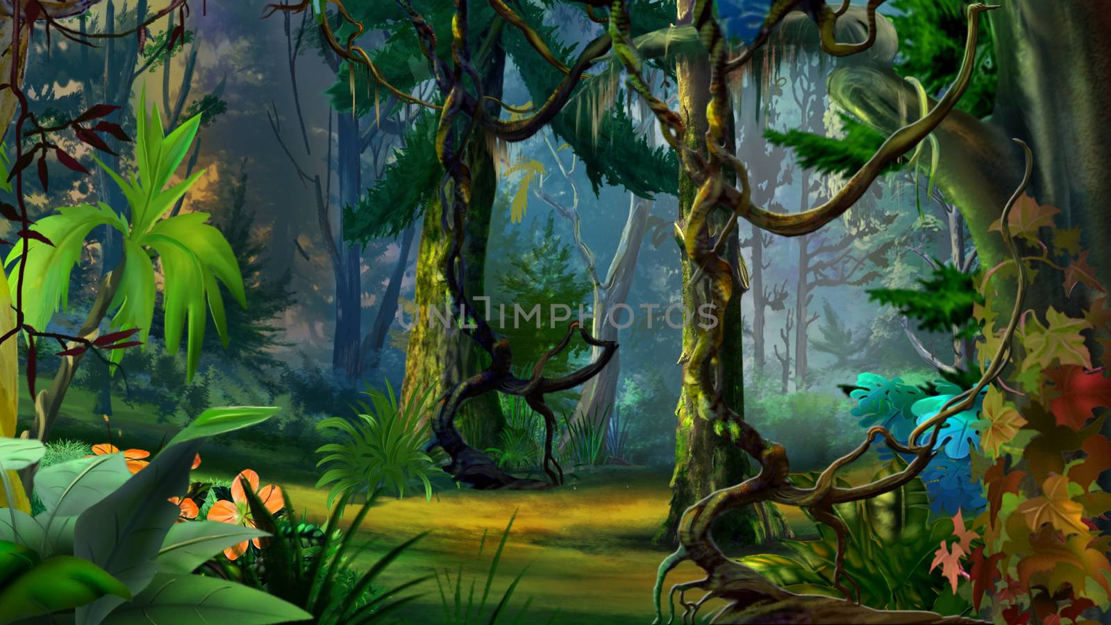 Hidden Forest Path in Summer. Digital painting, illustration in Realistic Cartoon Style