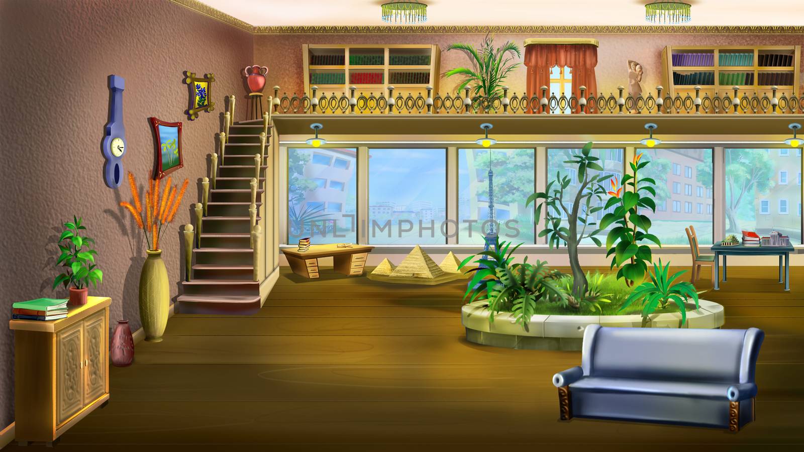 Cartoon Interior Design of Vintage Living Room Background by Multipedia