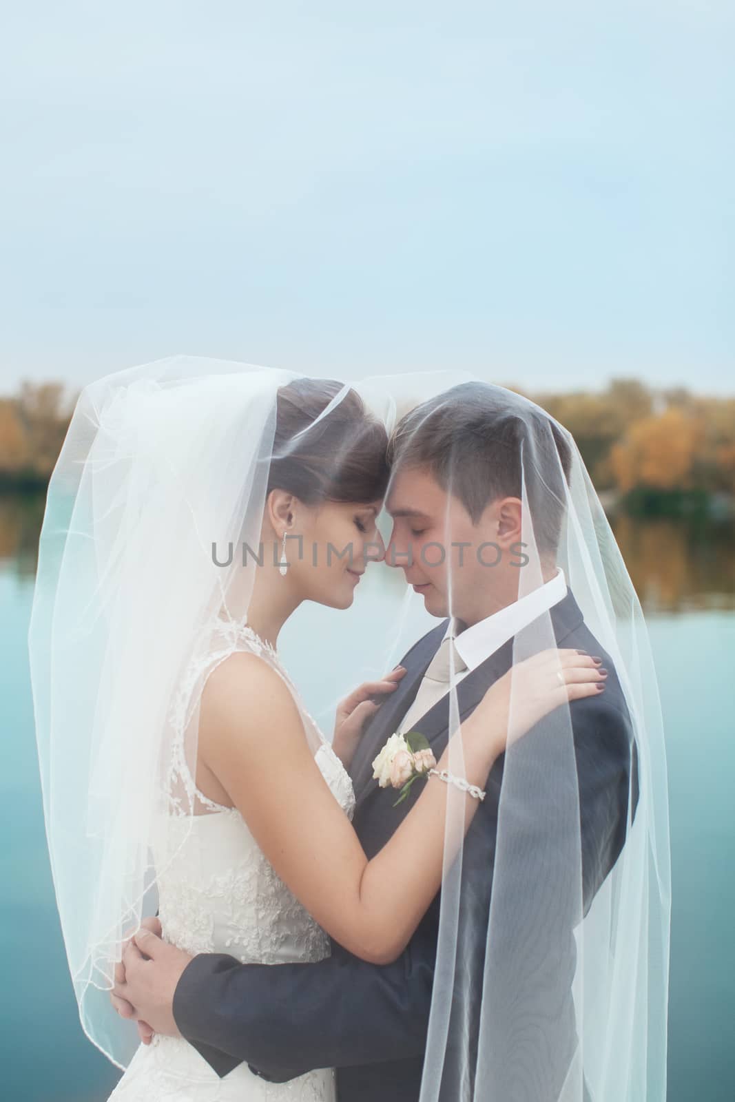 groom gently touched to the bride on a pier near the sea