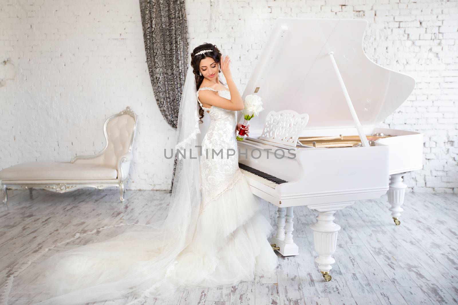 beautiful brunette bride in a luxurious wedding dress posing in interior