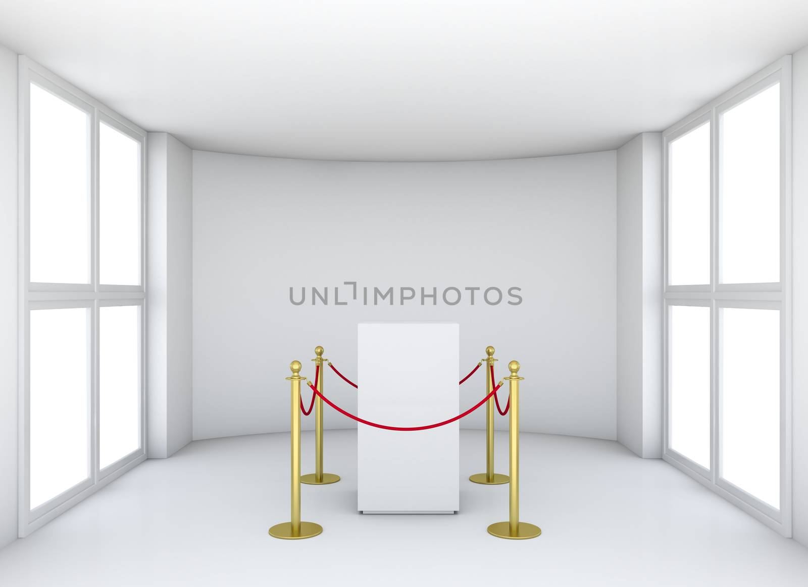 Empty showcase with tiled stand barriers for exhibit. Isolated on white background. 3D rendering