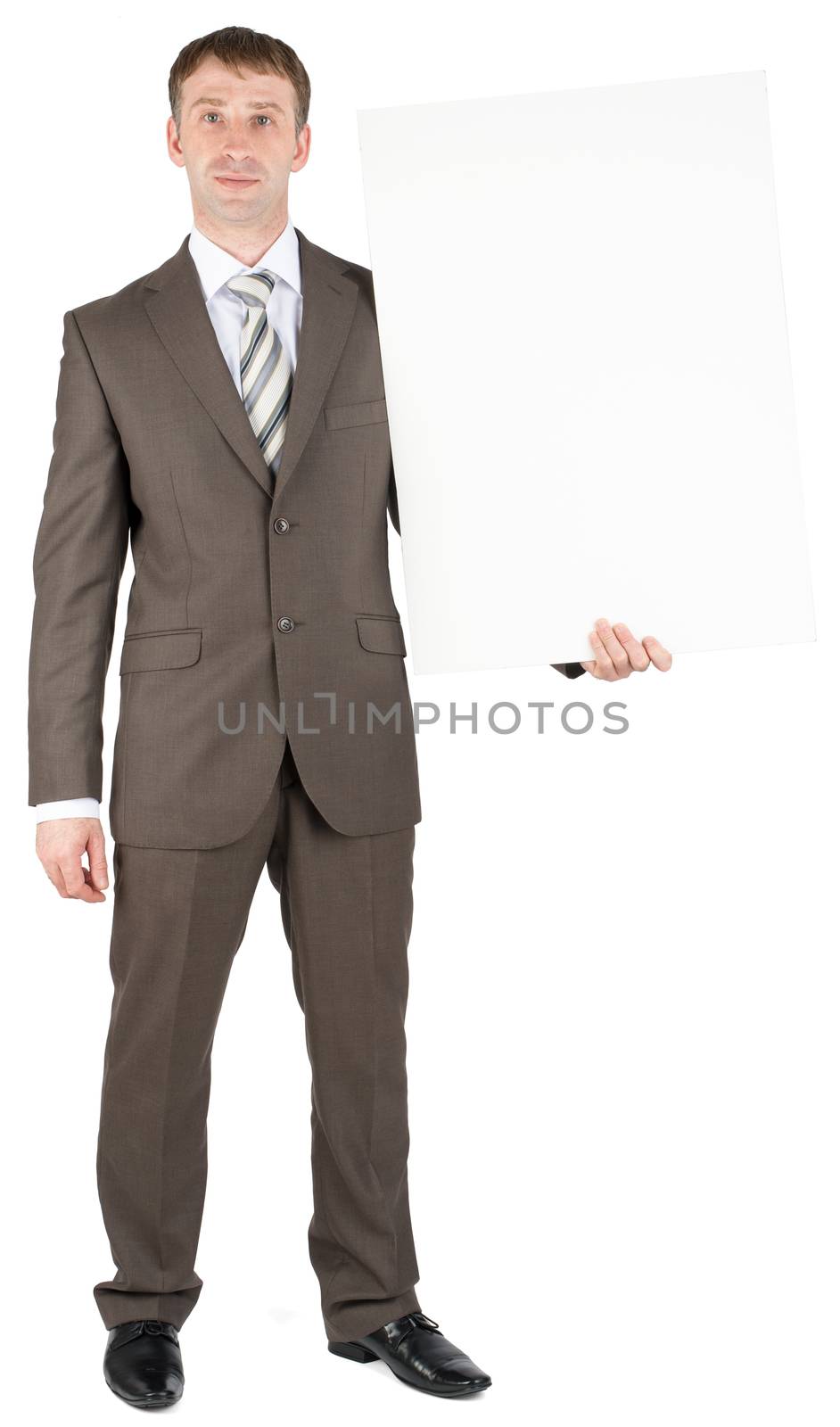 Business man holding blank banner isolated on white background
