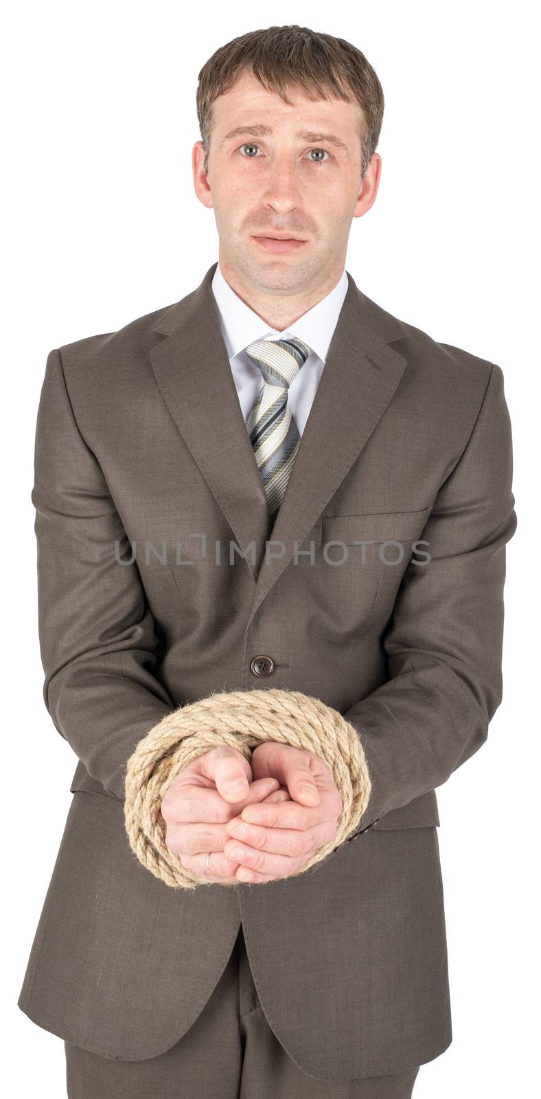 Sad businessman bound with rope isolated on white background