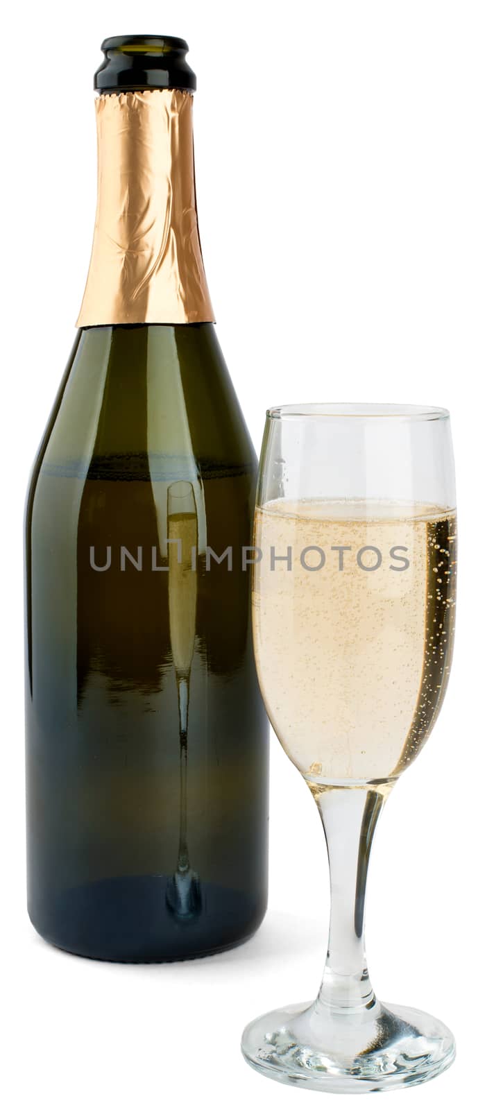 Champagne bottle and champagne glass isolated on white background