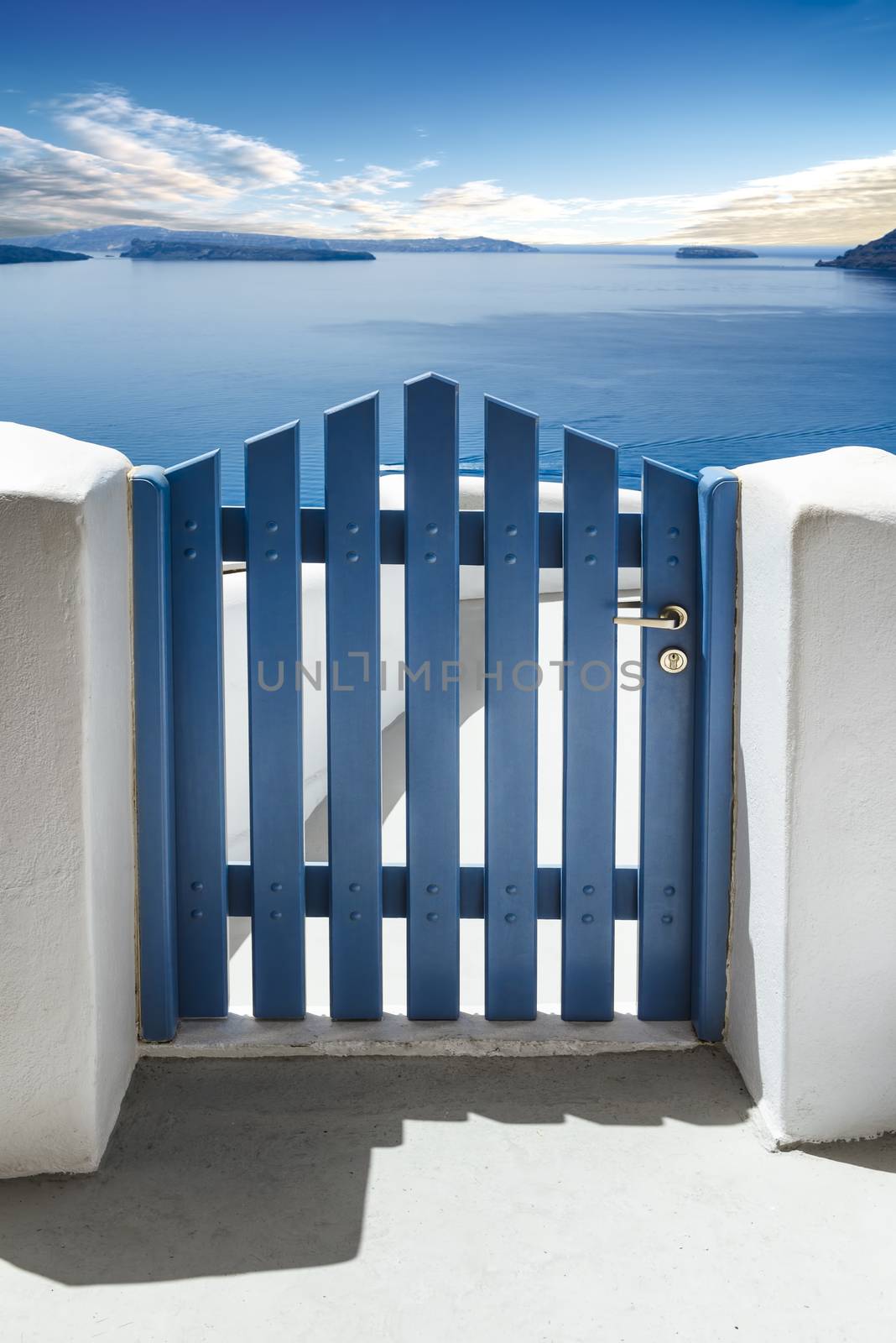 Blue door and see in Santorini Island, Cyclades Greece