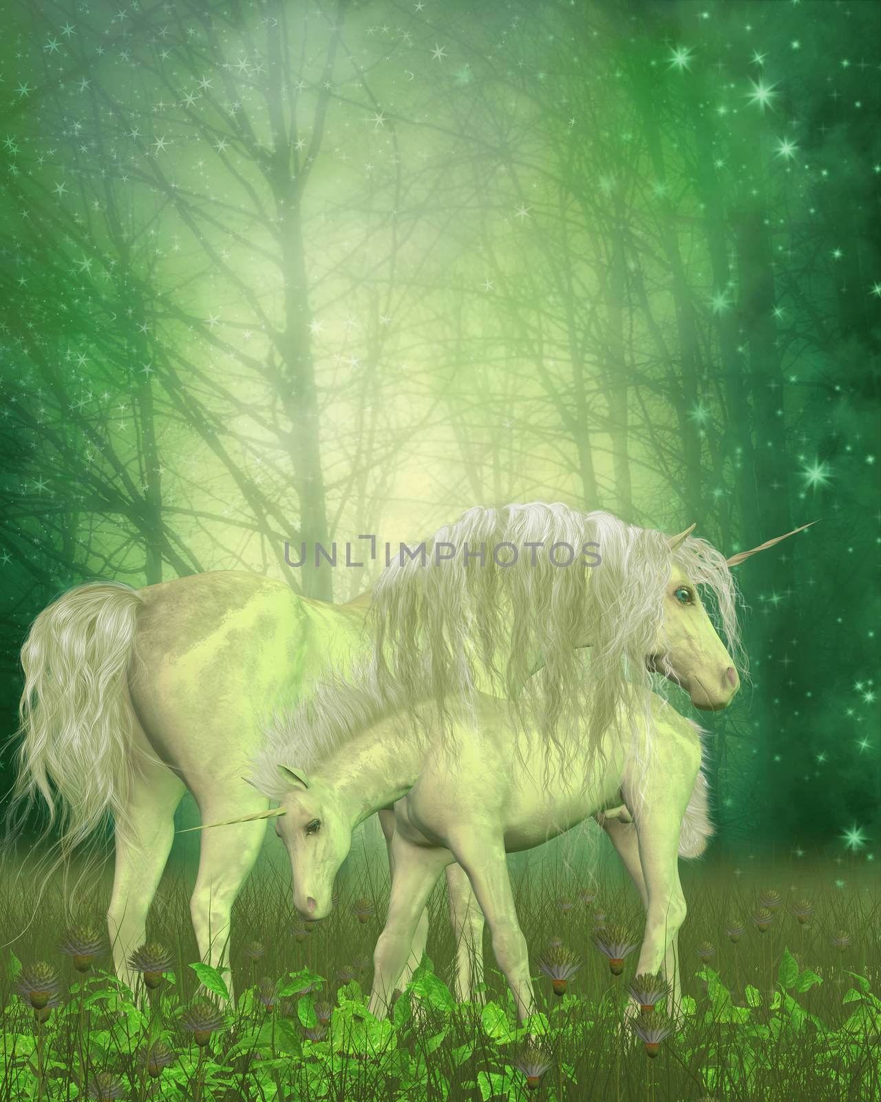 A small unicorn colt investigates the forest vegetation as his mother stands protectively over him.