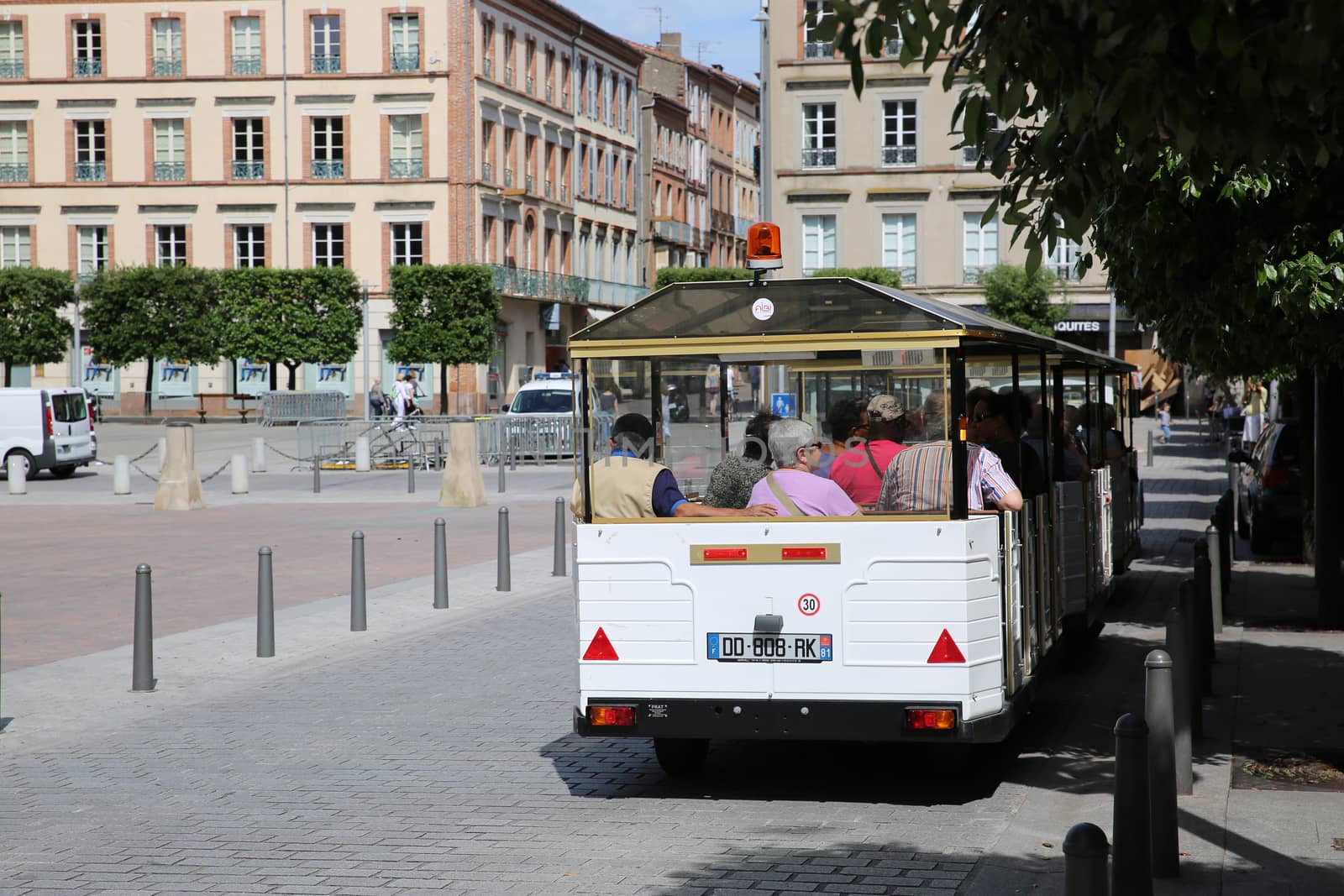 Albi, France - June 9, 2016:  White Trackless Train for Sightseeing in the Streets of Albi, Commune in Southern France