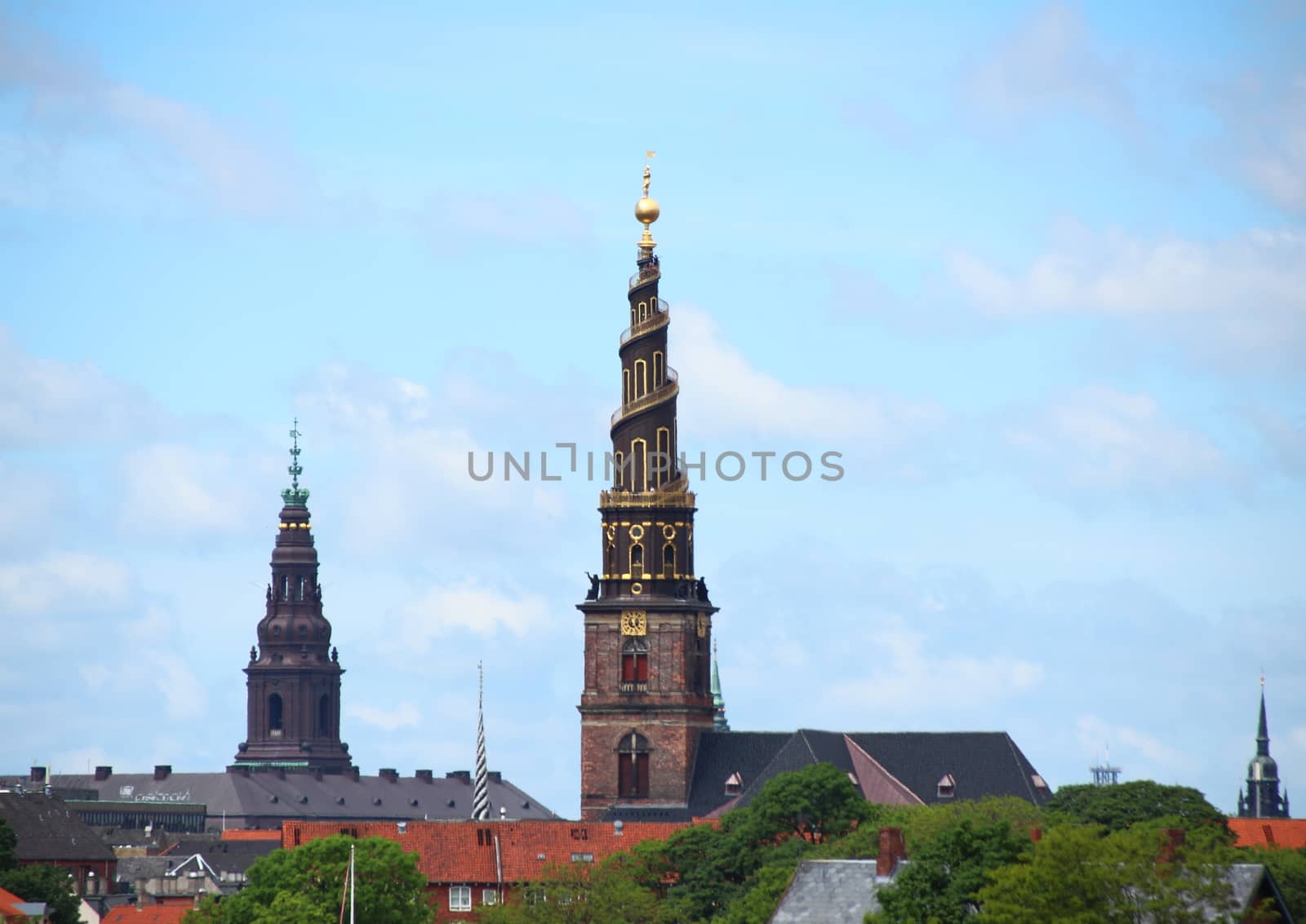 Skyline view of Copenhagen Denmark with church towers