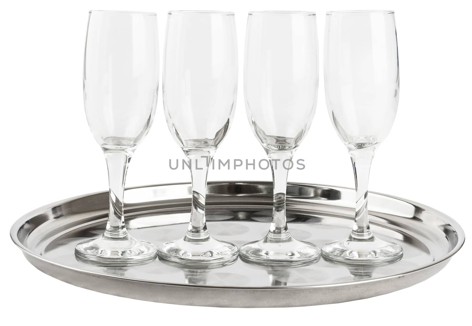 Many champagne glasses on tray isolated on white background