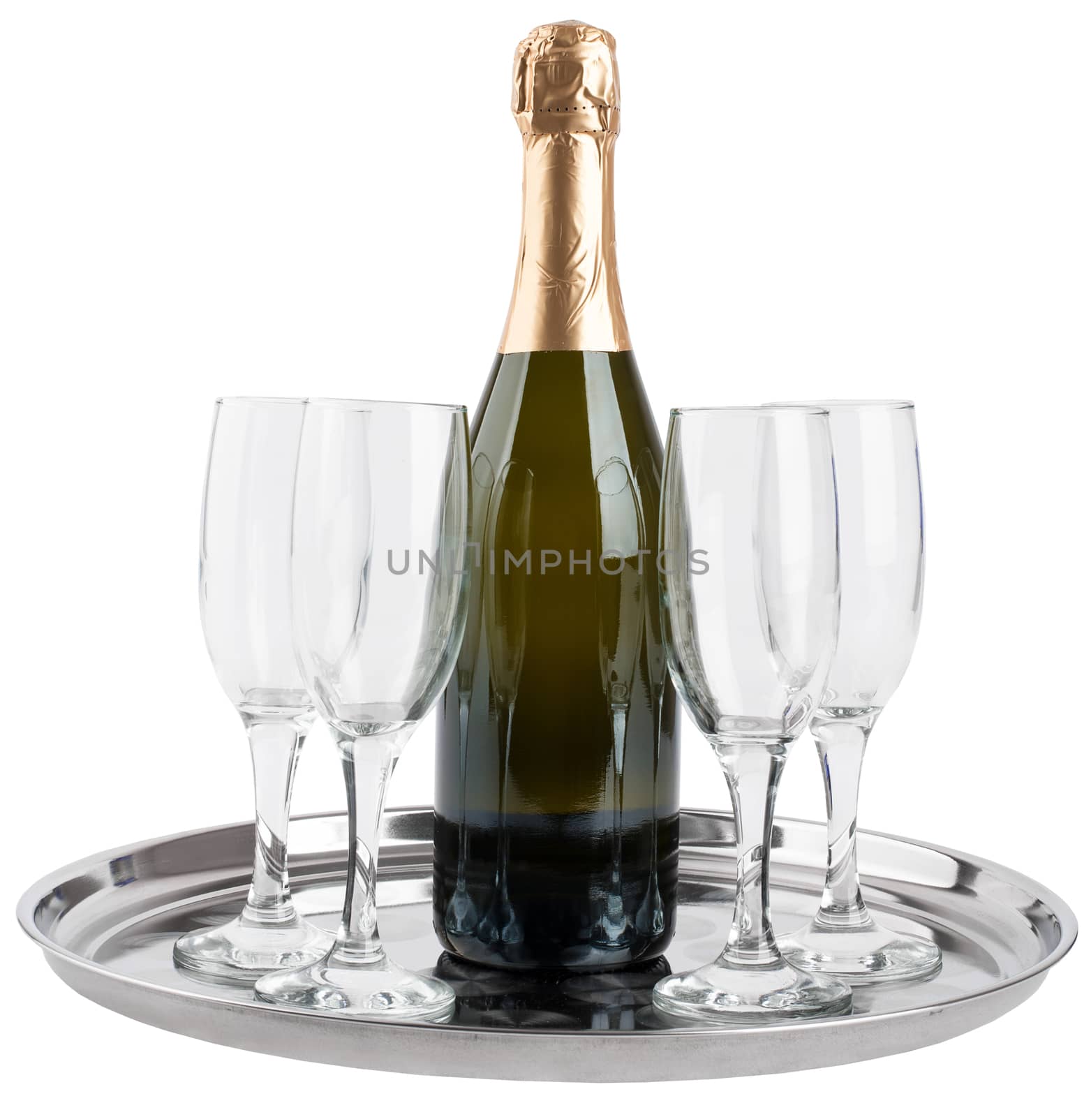 Champagne bottle and four champagne glasses on tray isolated on white background