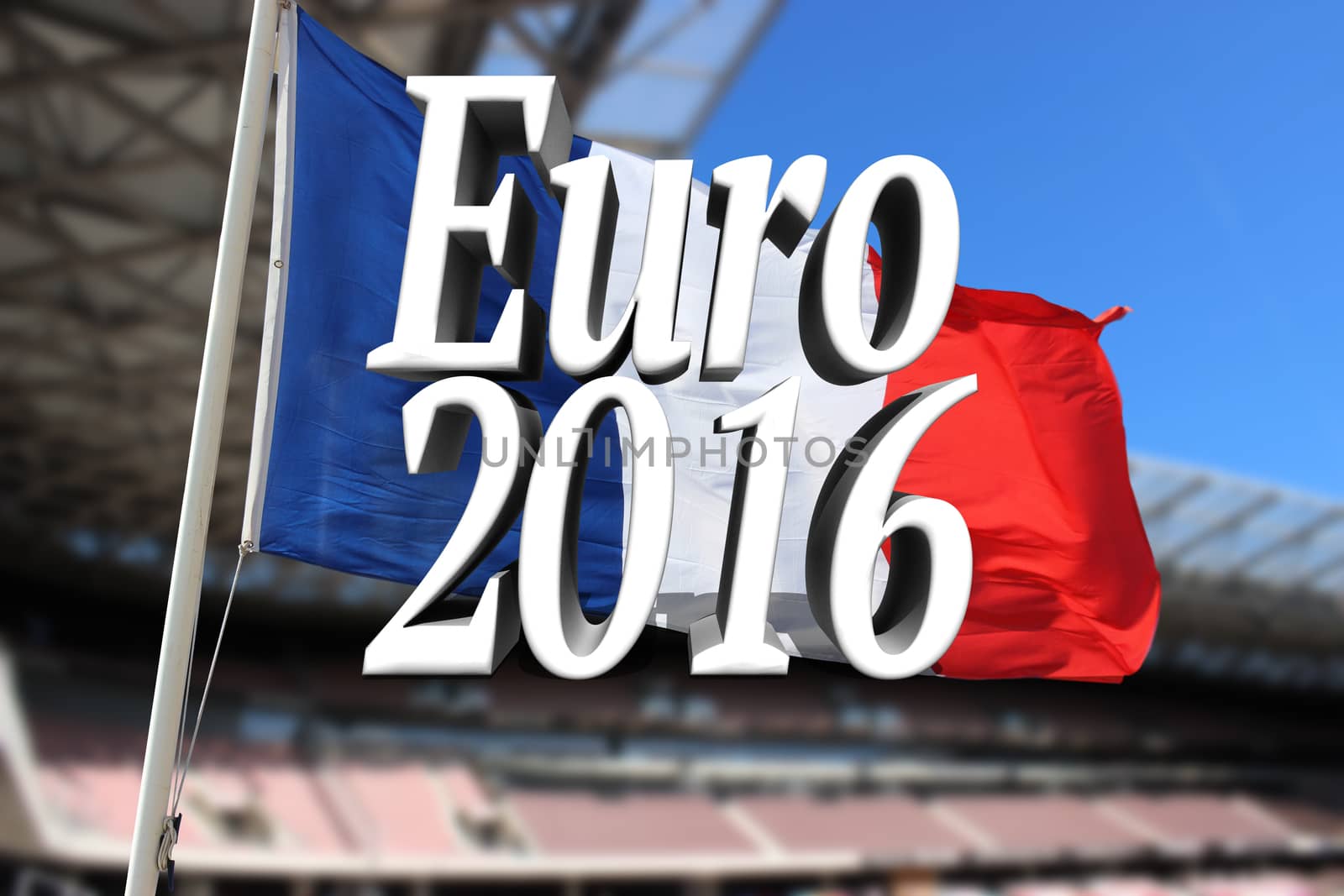 Euro 2016 France Football Championship. French Flag and Soccer Stadium in the Background
