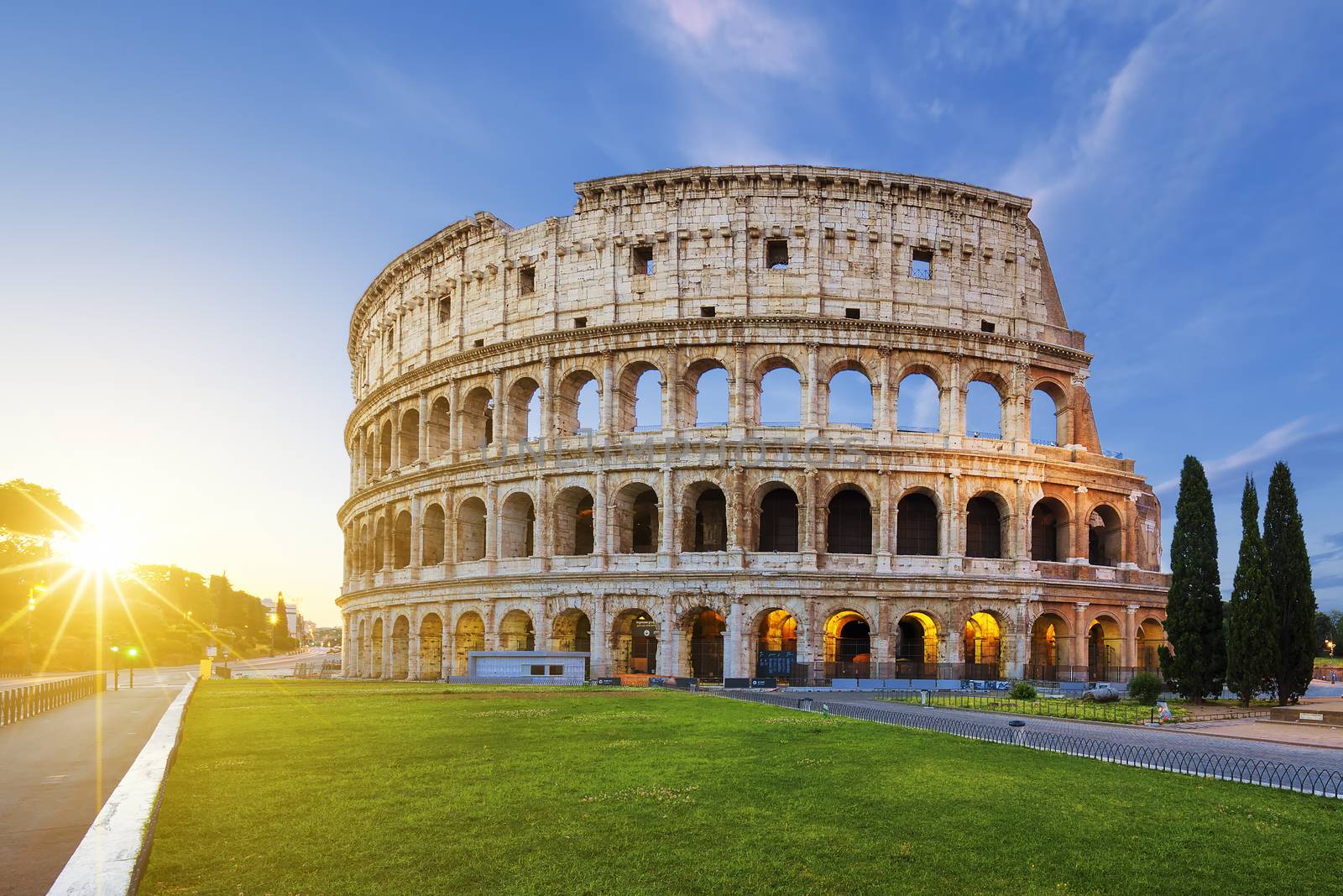 View of Colosseum in Rome at sunrise, Italy, Europe.