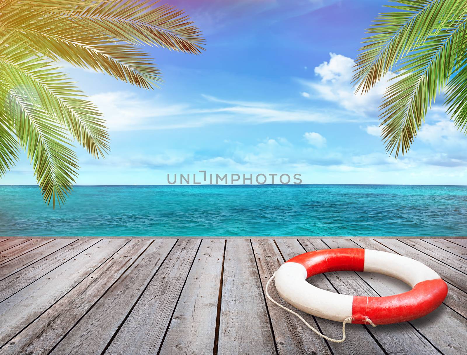 Wood pier with ocean and palms trees by Sandralise