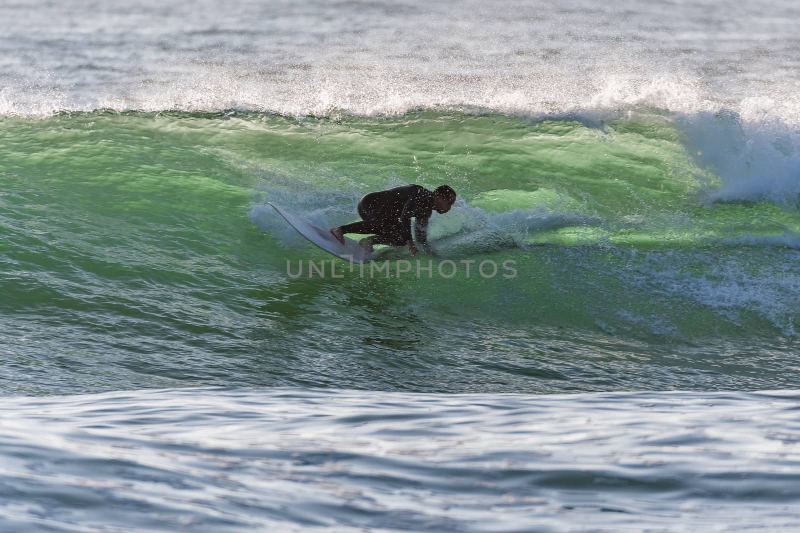 Long boarder surfing the waves at sunset in Portugal.