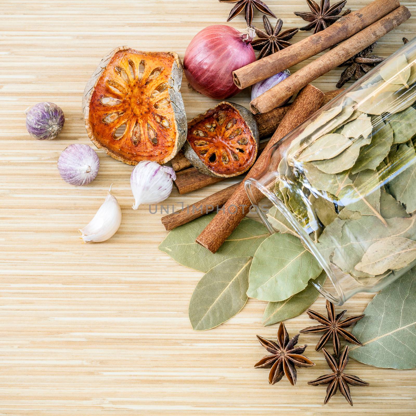 Assortment of  Thai food Cooking ingredients spice taste in the glass bottle. Healthy and delicious foods.  Dried of Thai food Cooking ingredients
