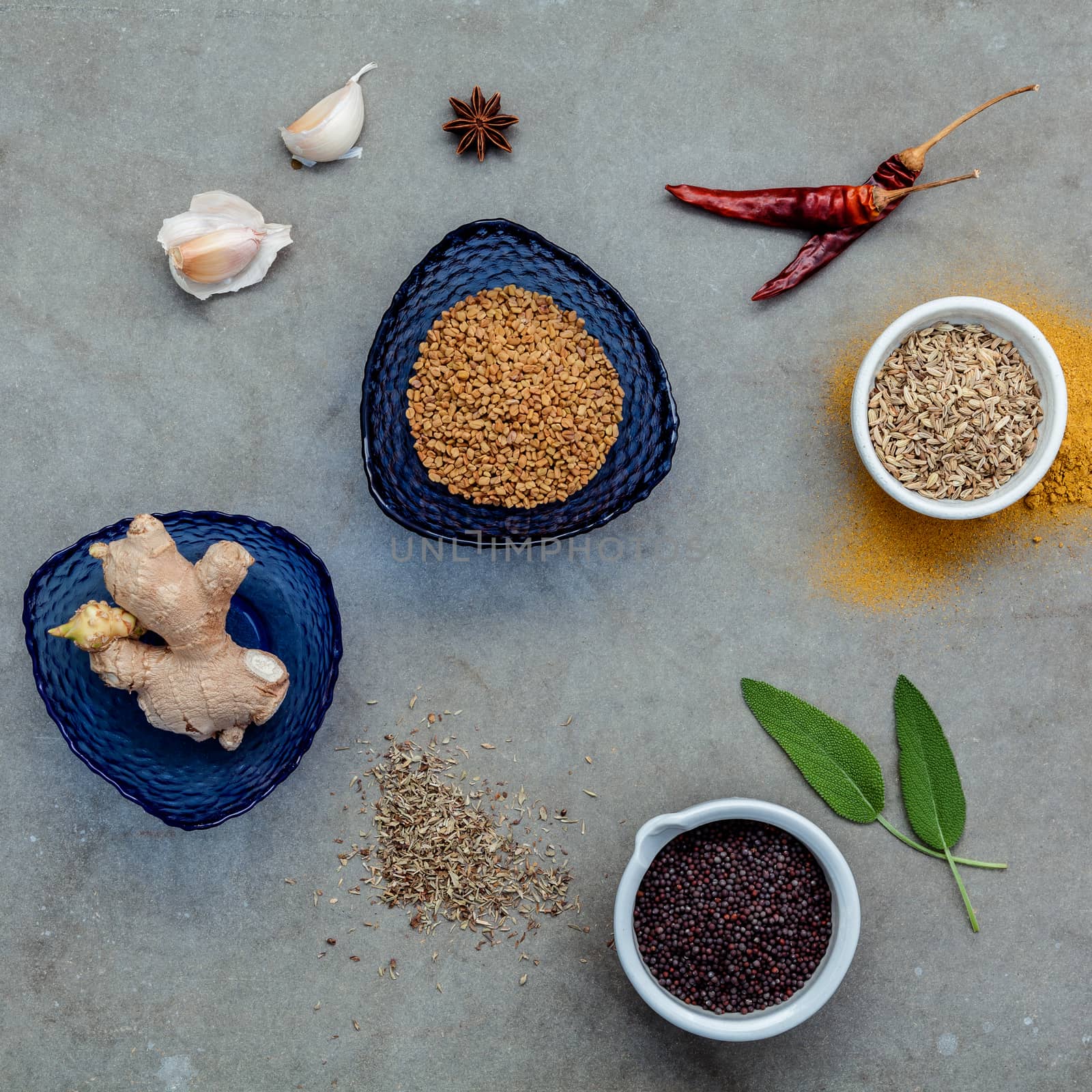 Assorted of spices ginger,fennel seed,dried thyme ,sage leaves,g