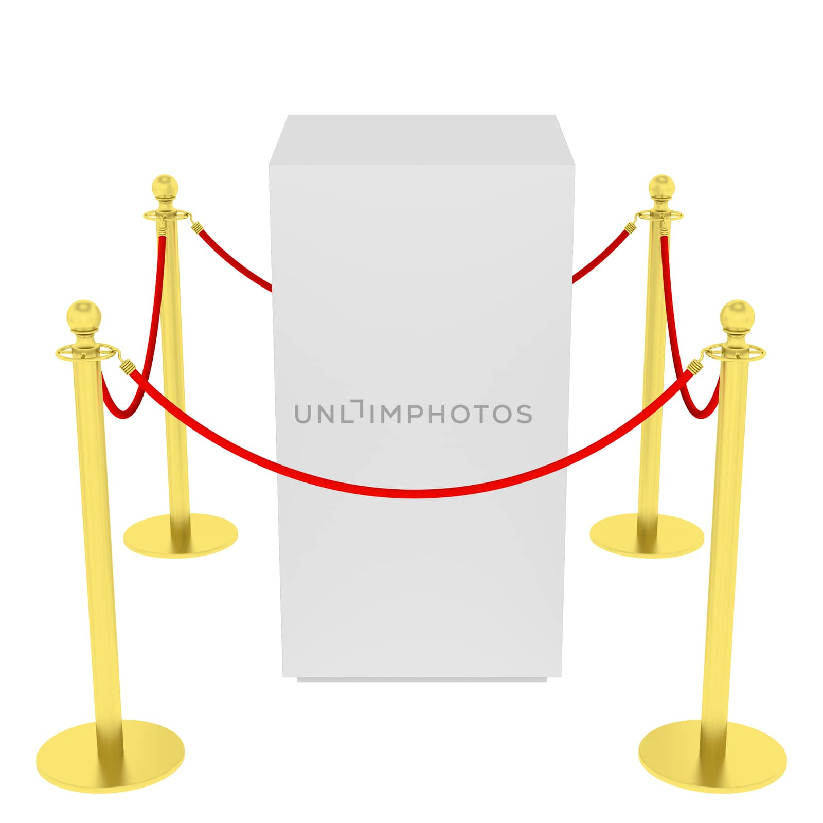 Golden fence, stanchion with red barrier rope, isolated on white background. 3D illustration