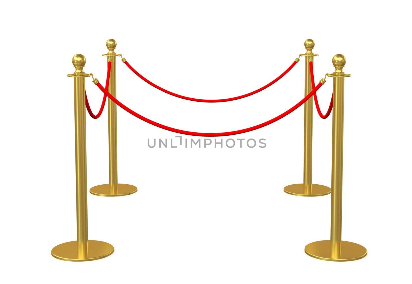 Four poles golden barricade isolate on white background. 3D illustration