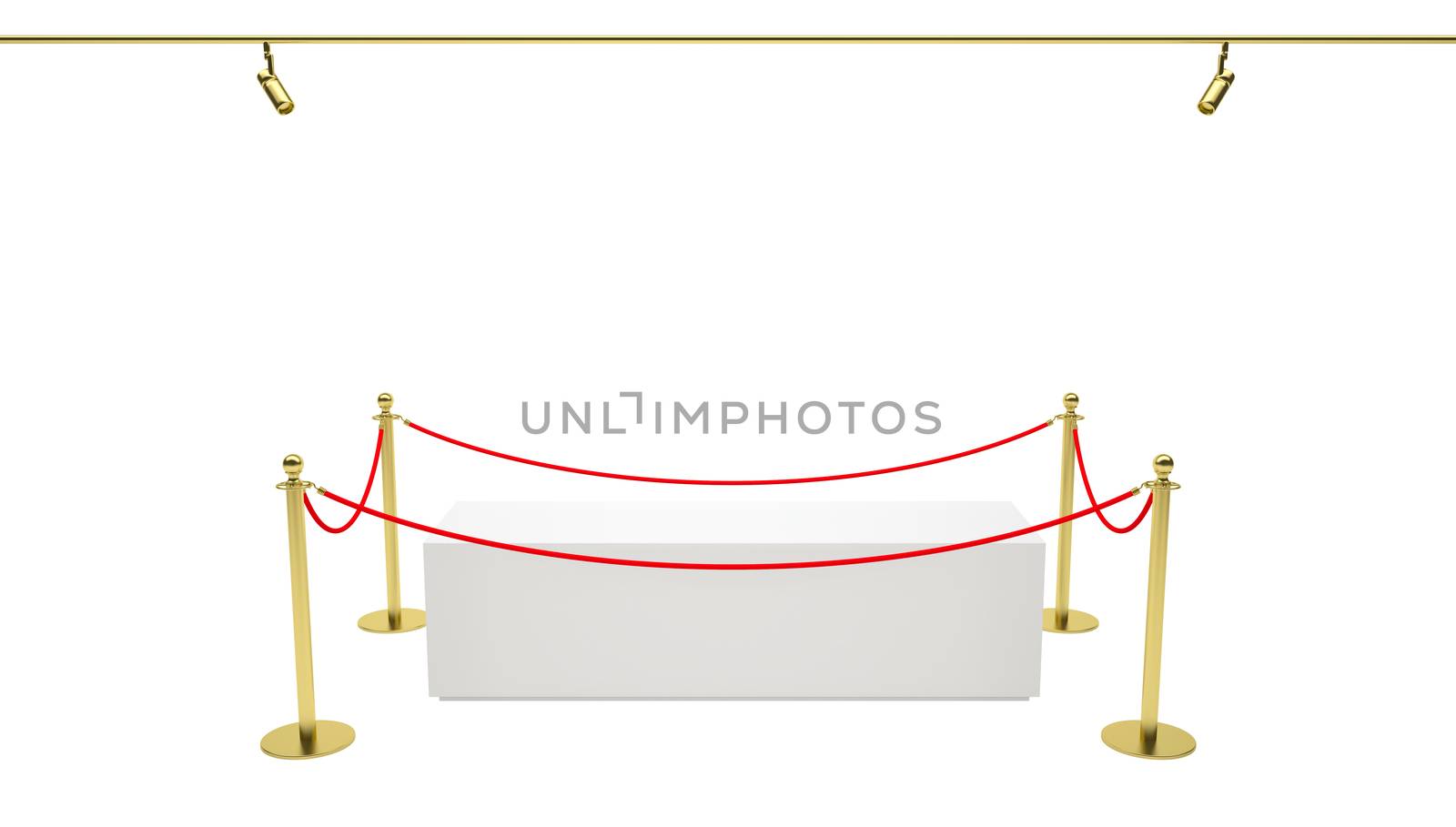 Empty showcase with tiled stand barriers for exhibit. Isolated white background. 3D illustration