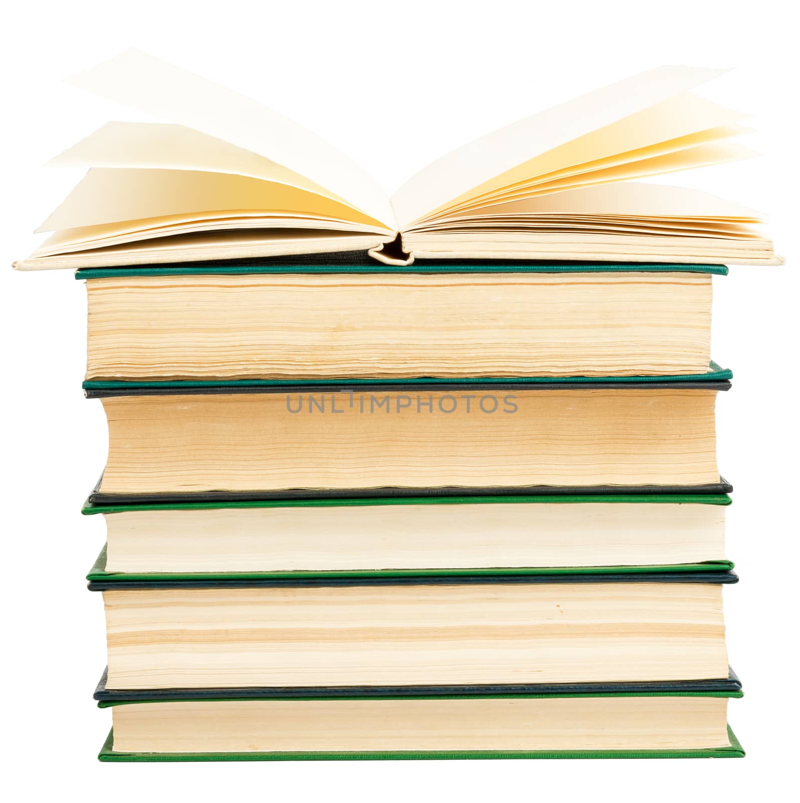 Stack of books with open one isolated on white background
