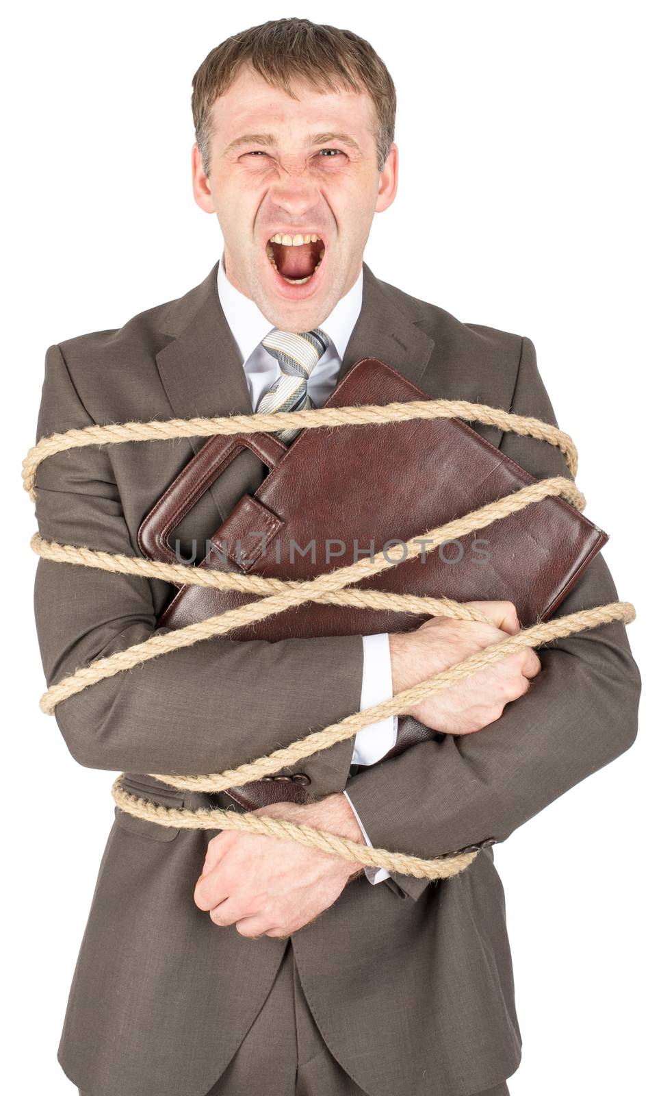 Businessman tied with rope screaming by cherezoff
