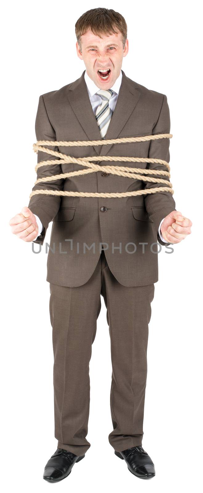 Businessman with briefcase and tied with rope screaming