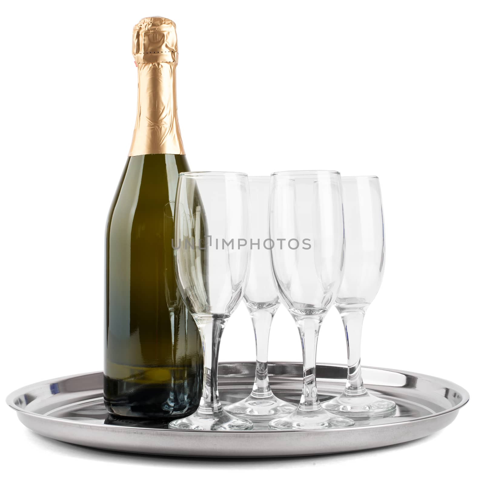 Champagne bottle and four glasses by cherezoff