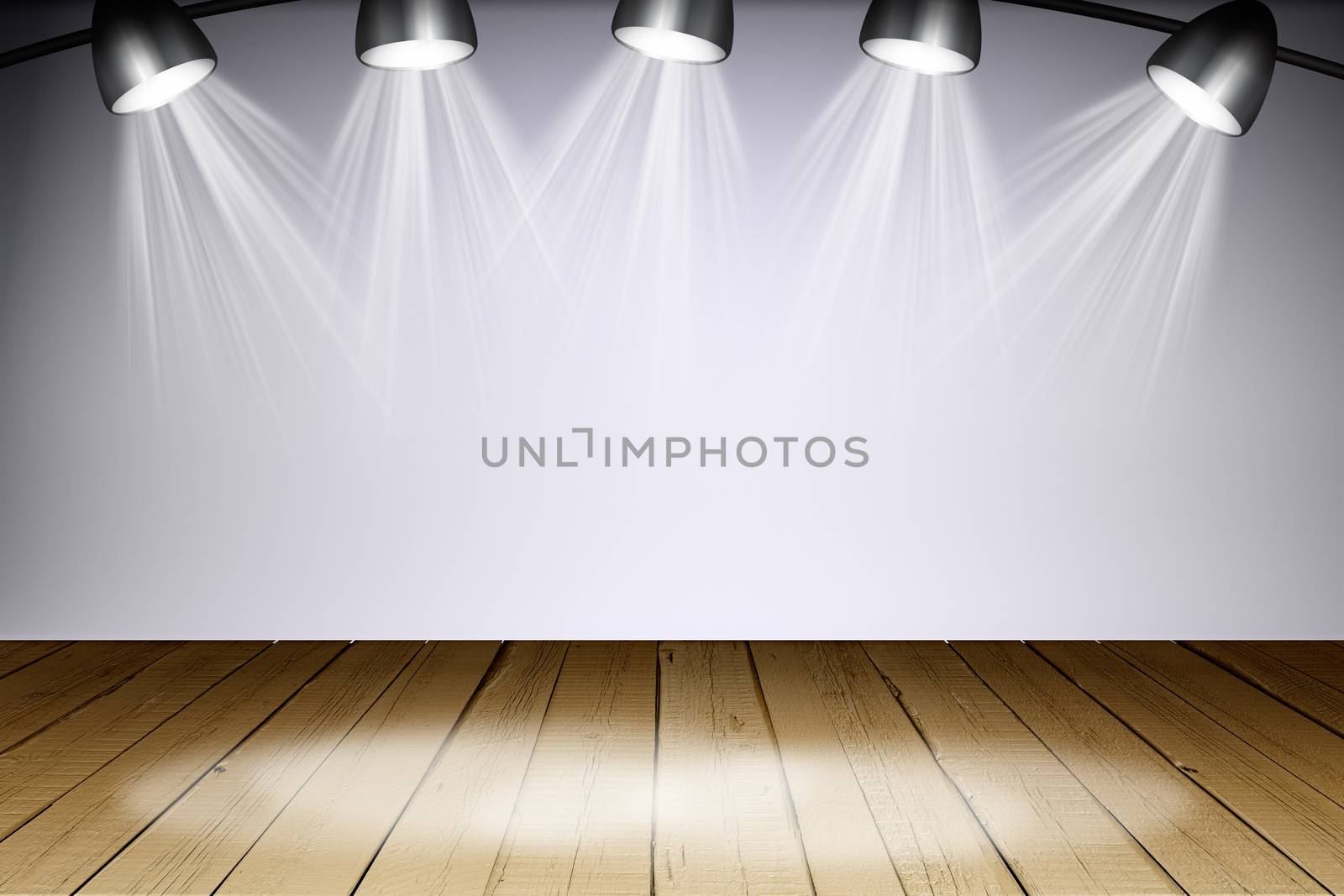 Illuminated empty brown concert stage with rays of light. 3D illustration