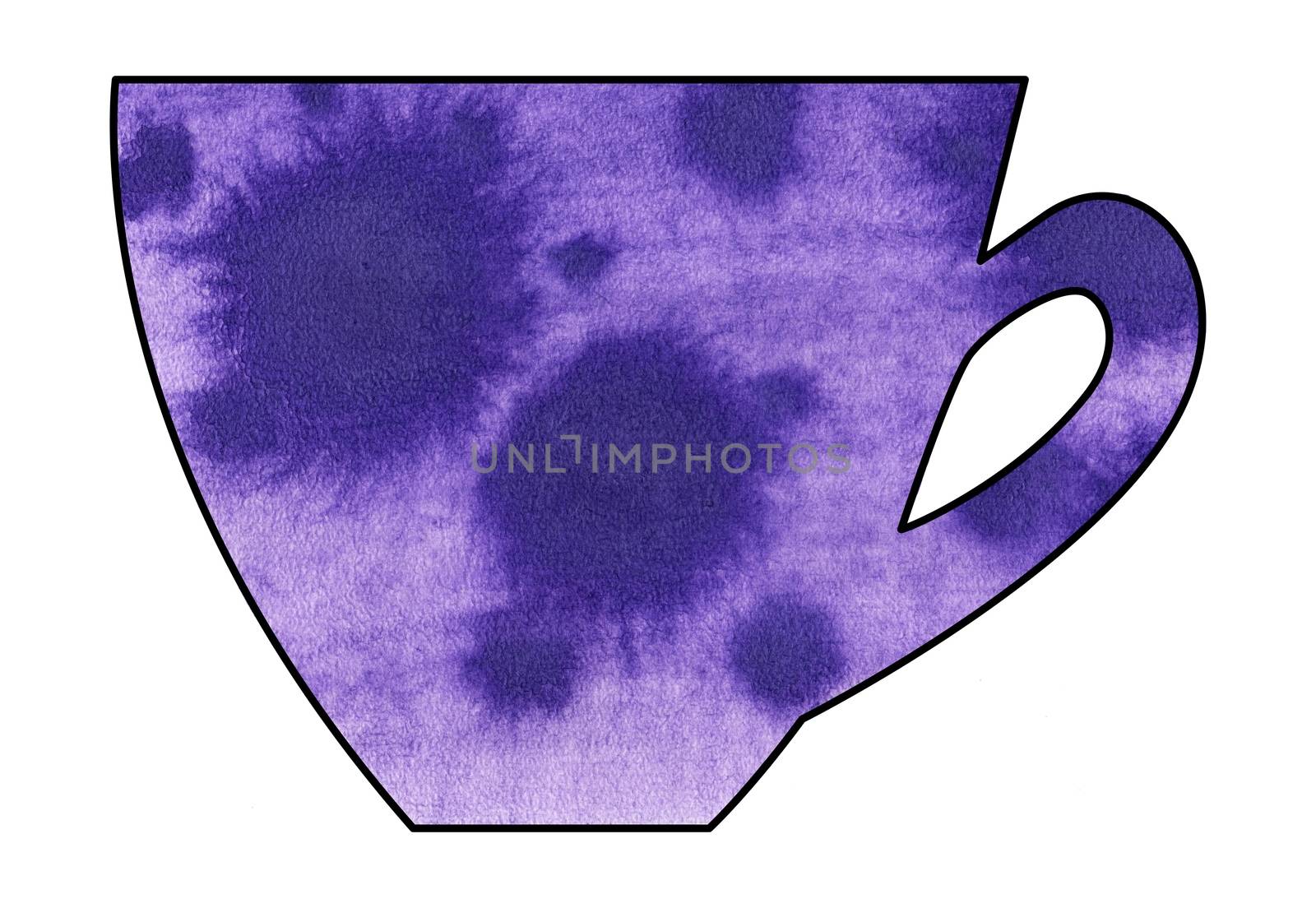 Cup of tea and coffee. Handmade. Watercolor Mixed media. Cut paper. Tea time. Purple