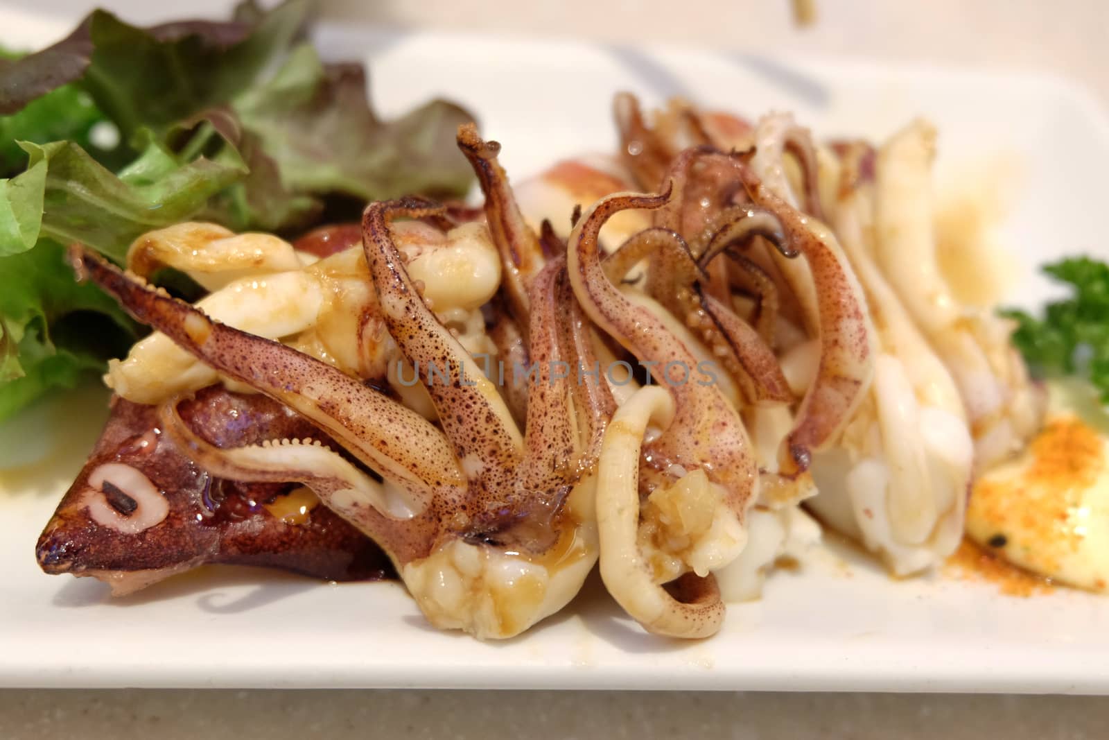 close up Squid teriyaki grill 