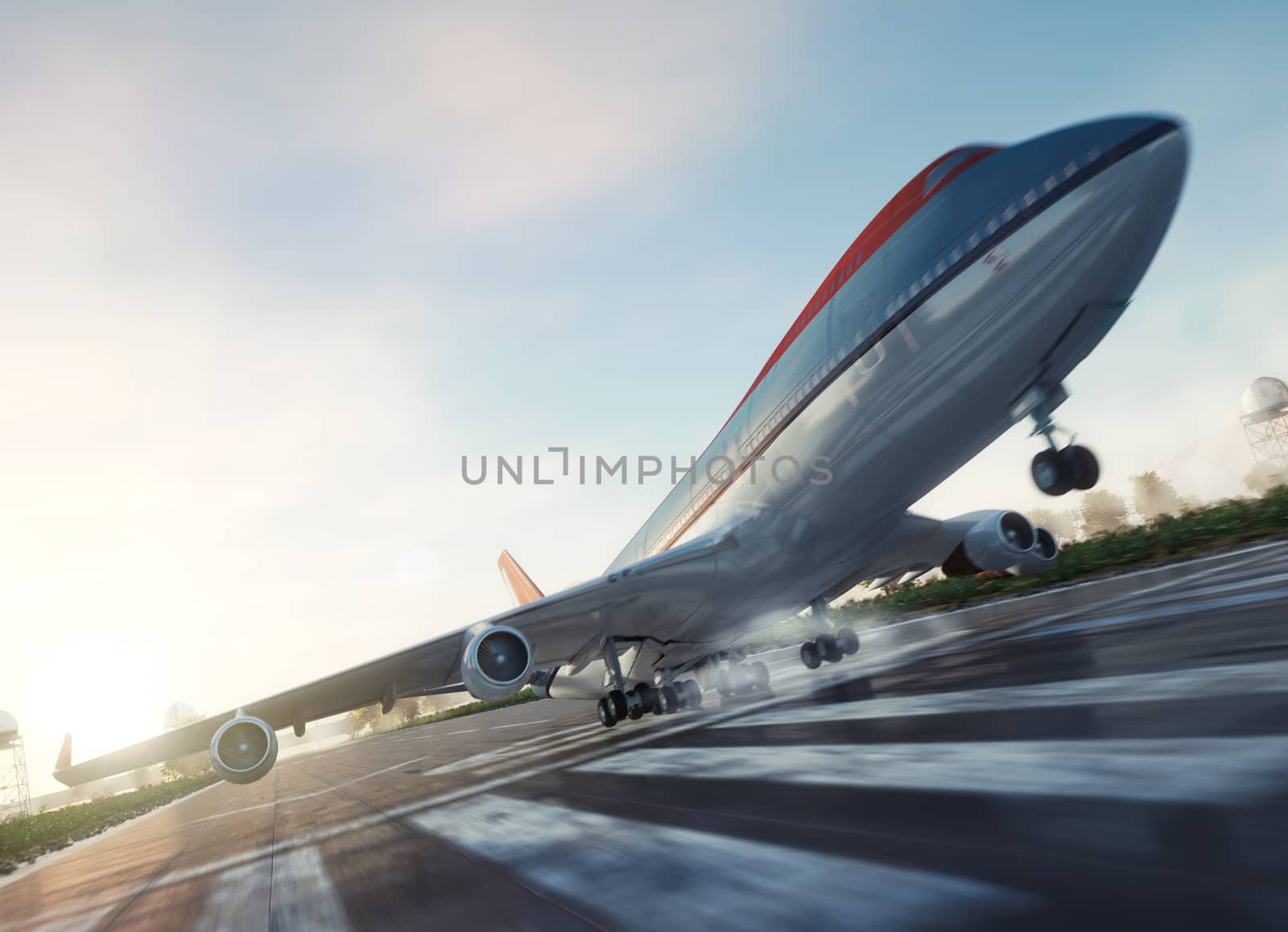 passenger plane take off from runways travel business background concept by denisgo