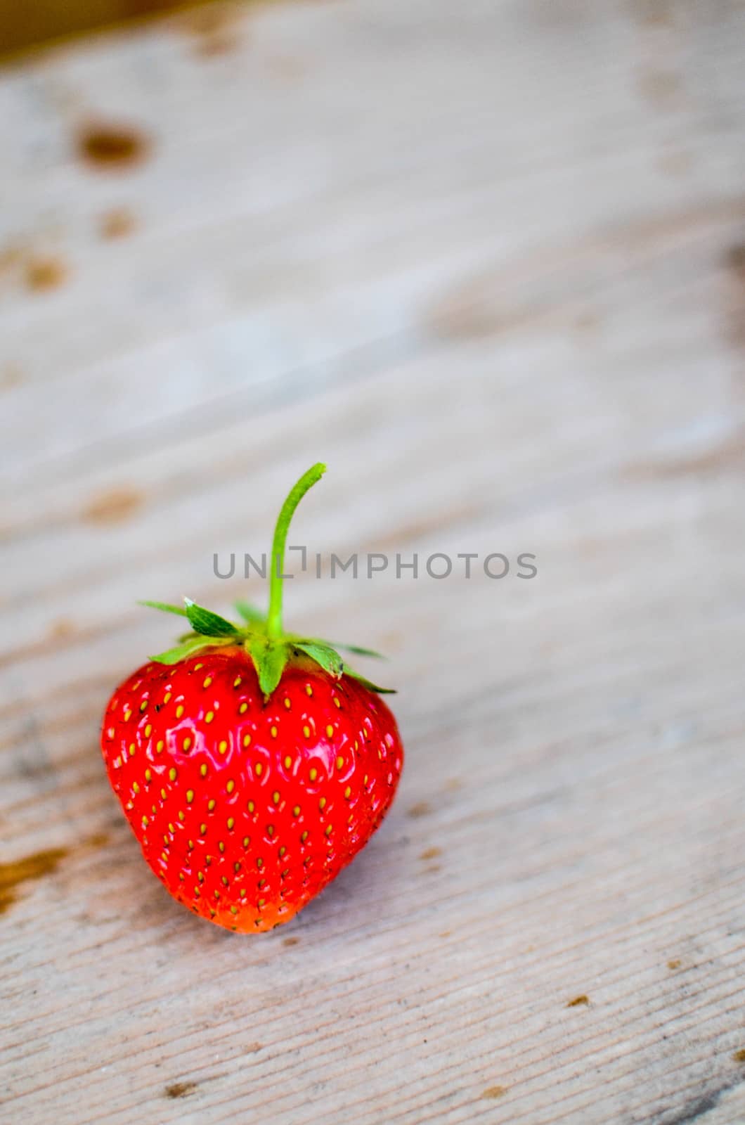 Strawberries red and green on the wood backgrounds