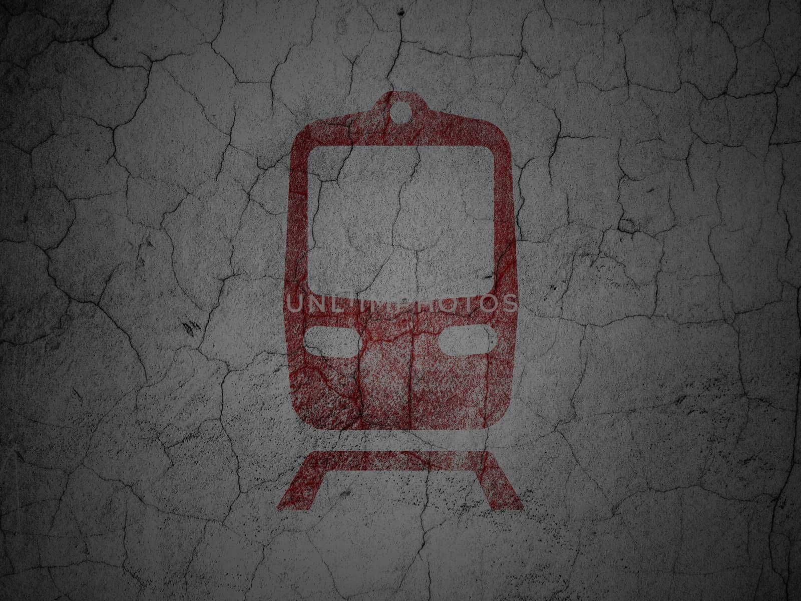 Vacation concept: Red Train on grunge textured concrete wall background